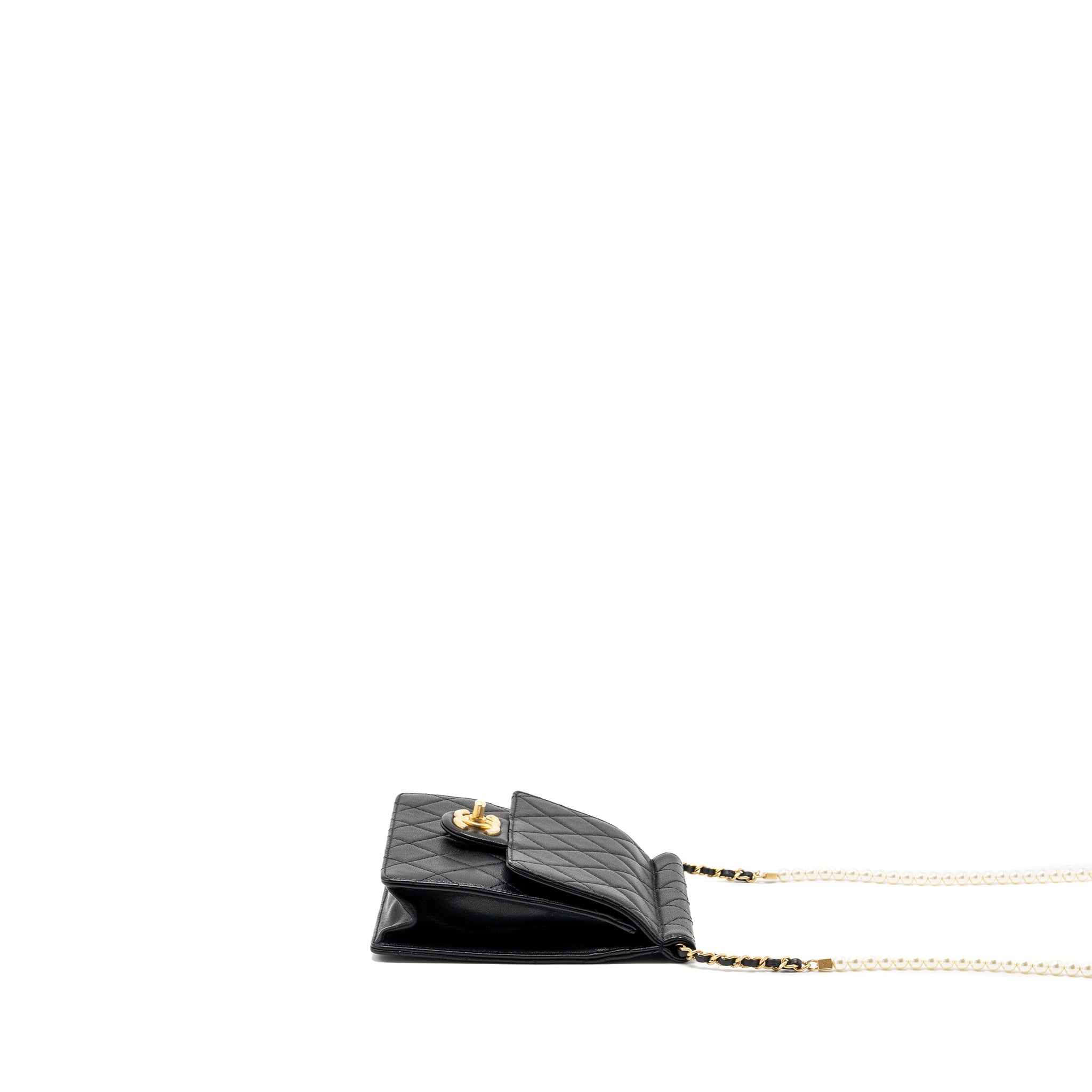 CHANEL PEARL CHAIN QUILTED VERTICAL FLAP BAG LAMBSKIN BLACK GHW