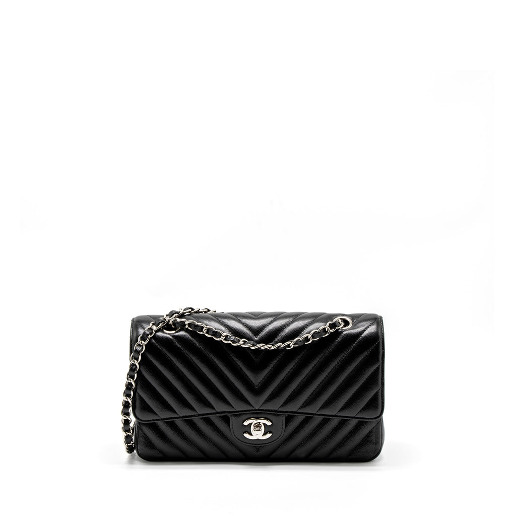 CHANEL MEDIUM CLASSIC DOUBLE FLAP BAG CHEVRON CAVIAR BLACK SHW