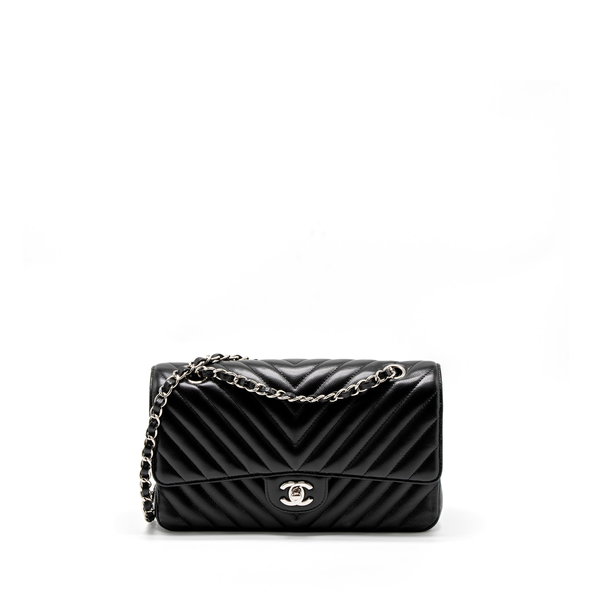 CHANEL MEDIUM CLASSIC DOUBLE FLAP BAG CHEVRON CAVIAR BLACK SHW
