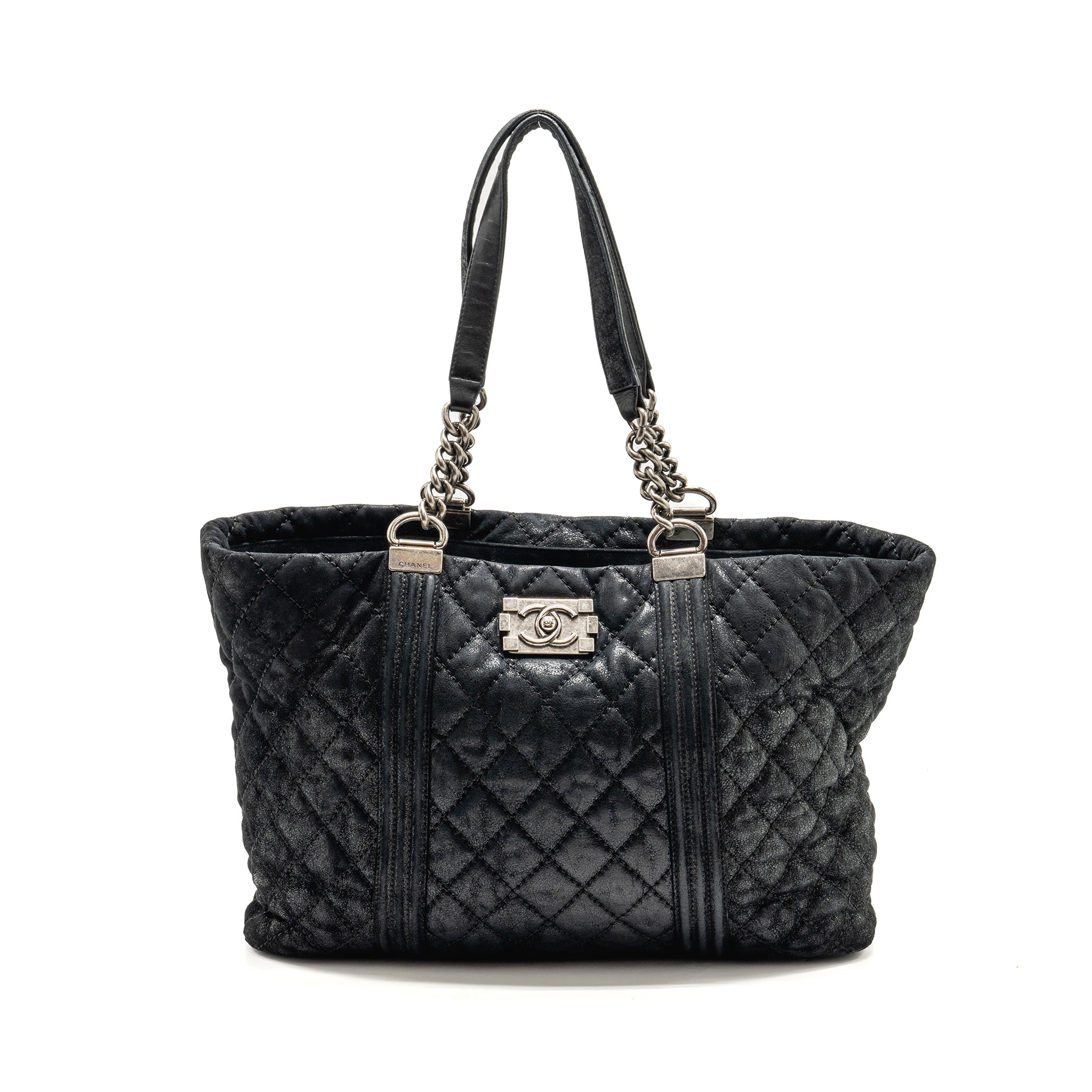 CHANEL LARGE BOY SHOPPING TOTE BAG CALFSKIN IRIDESCENT NAVY SHW