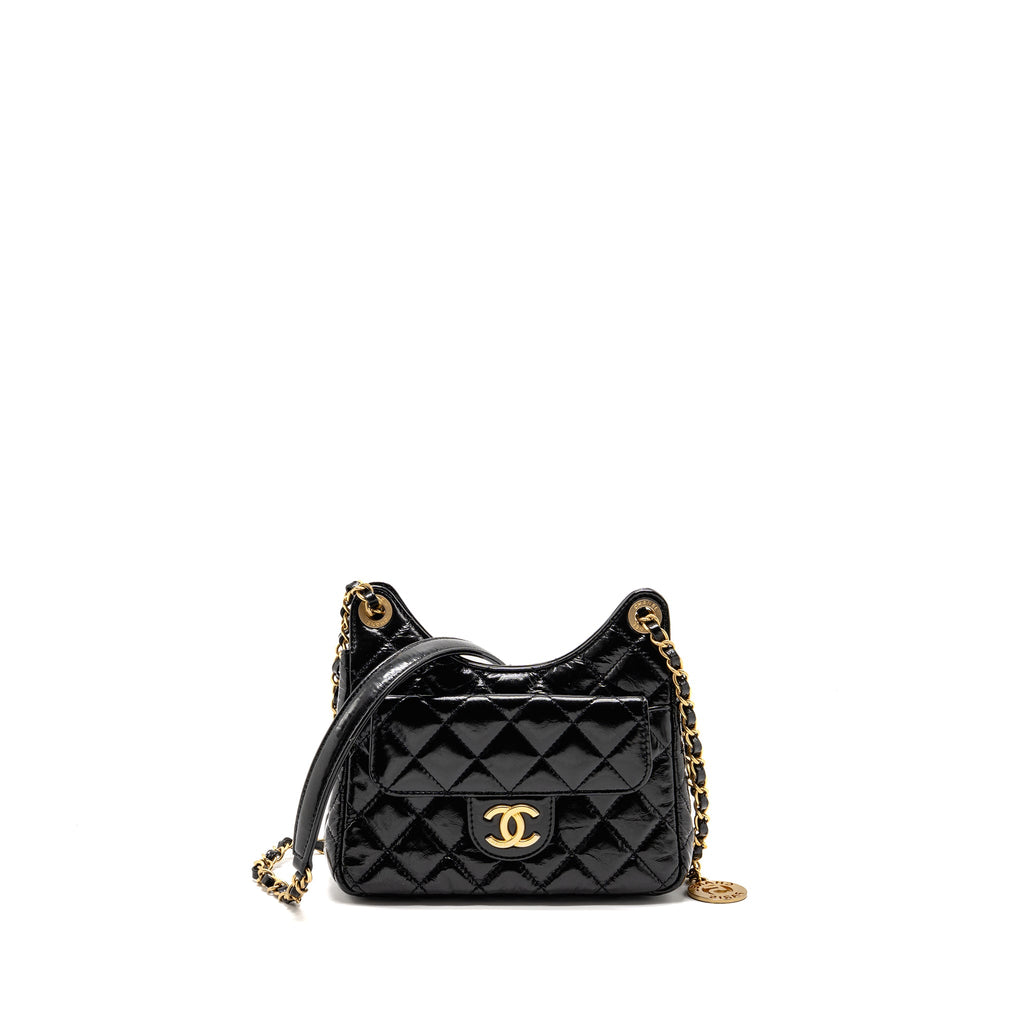 CHANEL 23P HOBO BAG SHINY CALFSKIN BLACK BRUSHED GHW(MICROCHIP)
