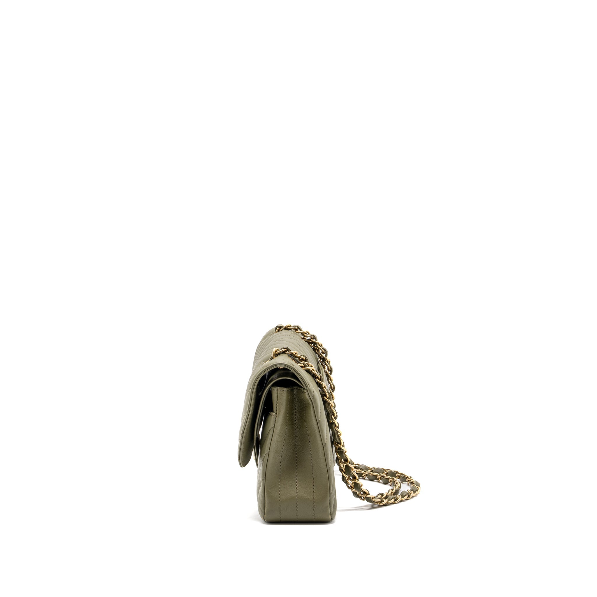 CHANEL MEDIUM CLASSIC DOUBLE FLAP BAG CHEVRON CALFSKIN GREEN GHW