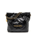CHANEL SMALL 22 BAG GOLD LETTER SHINY CALFSKIN BLACK GHW (MICROCHIP)
