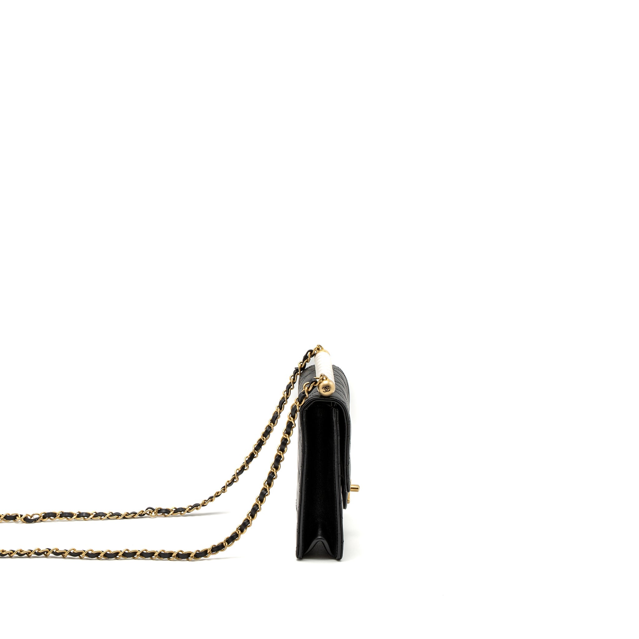 CHANEL SQUARE PEARL FLAP BAG LAMBSKIN BLACK BRUSHED GHW
