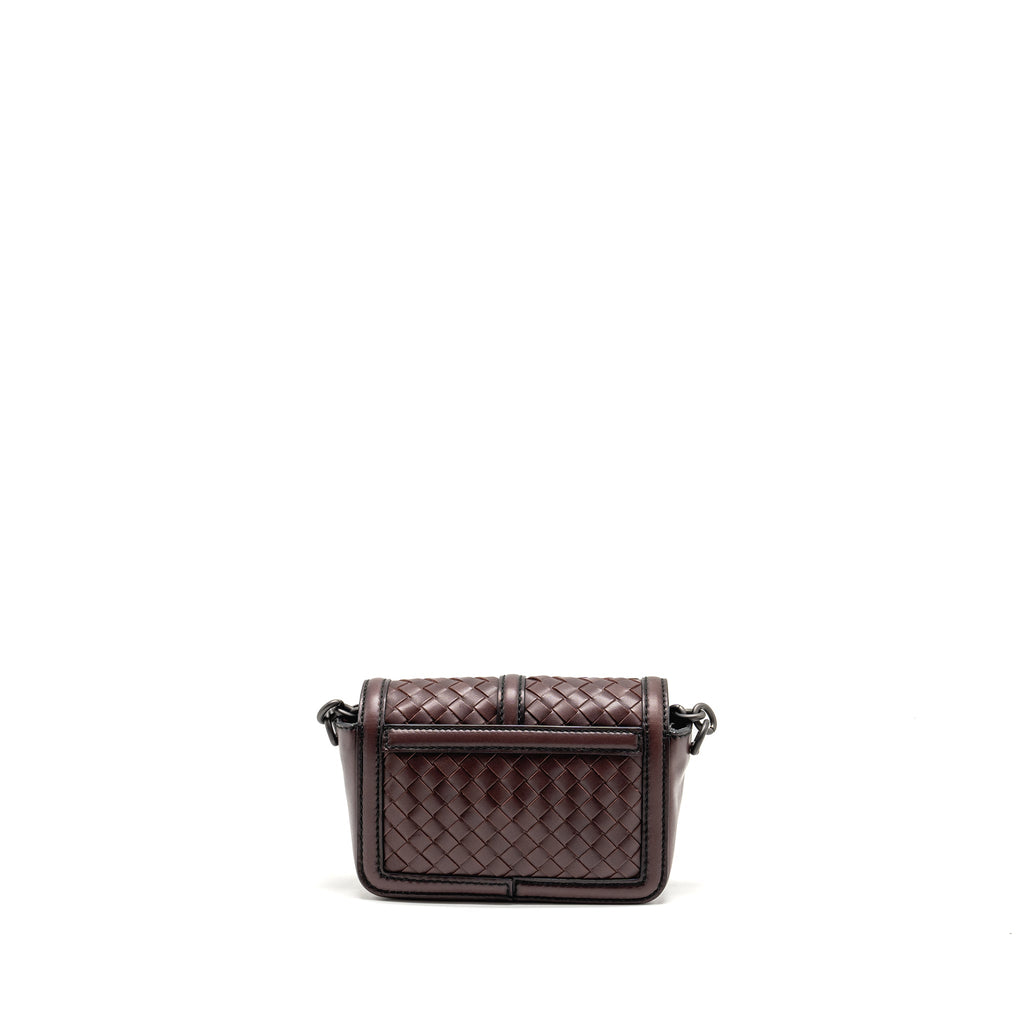 BOTTEGA VENETA MINI INTRECCIATO FLAP BAG LEATHER DARK BROWN WITH BLACK HARDWARE
