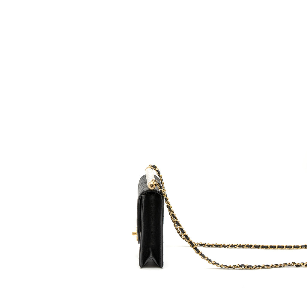 CHANEL SQUARE PEARL FLAP BAG LAMBSKIN BLACK BRUSHED GHW