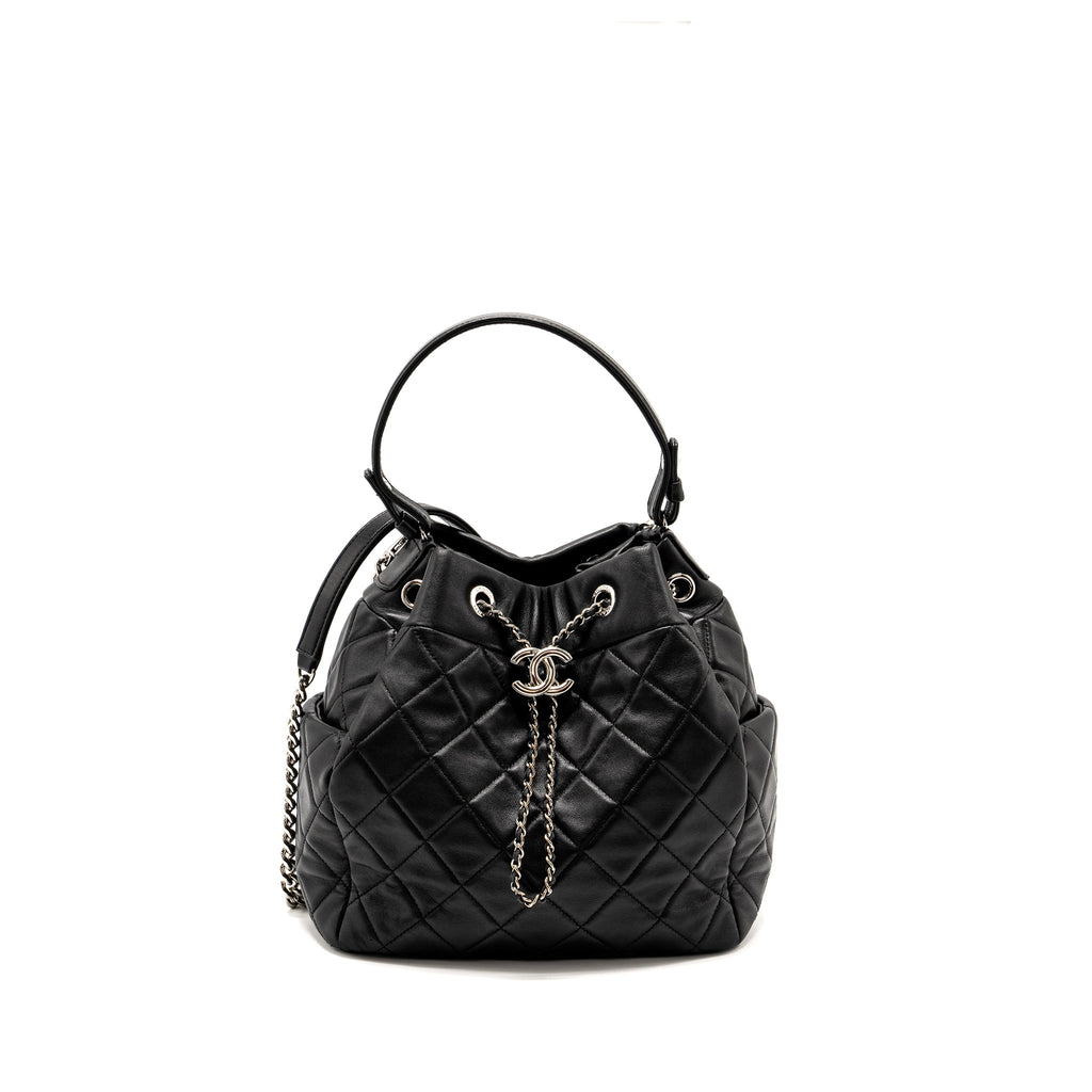 CHANEL CC CHAIN DRAWSTRING BUCKET BAG LAMBSKIN BLACK SHW