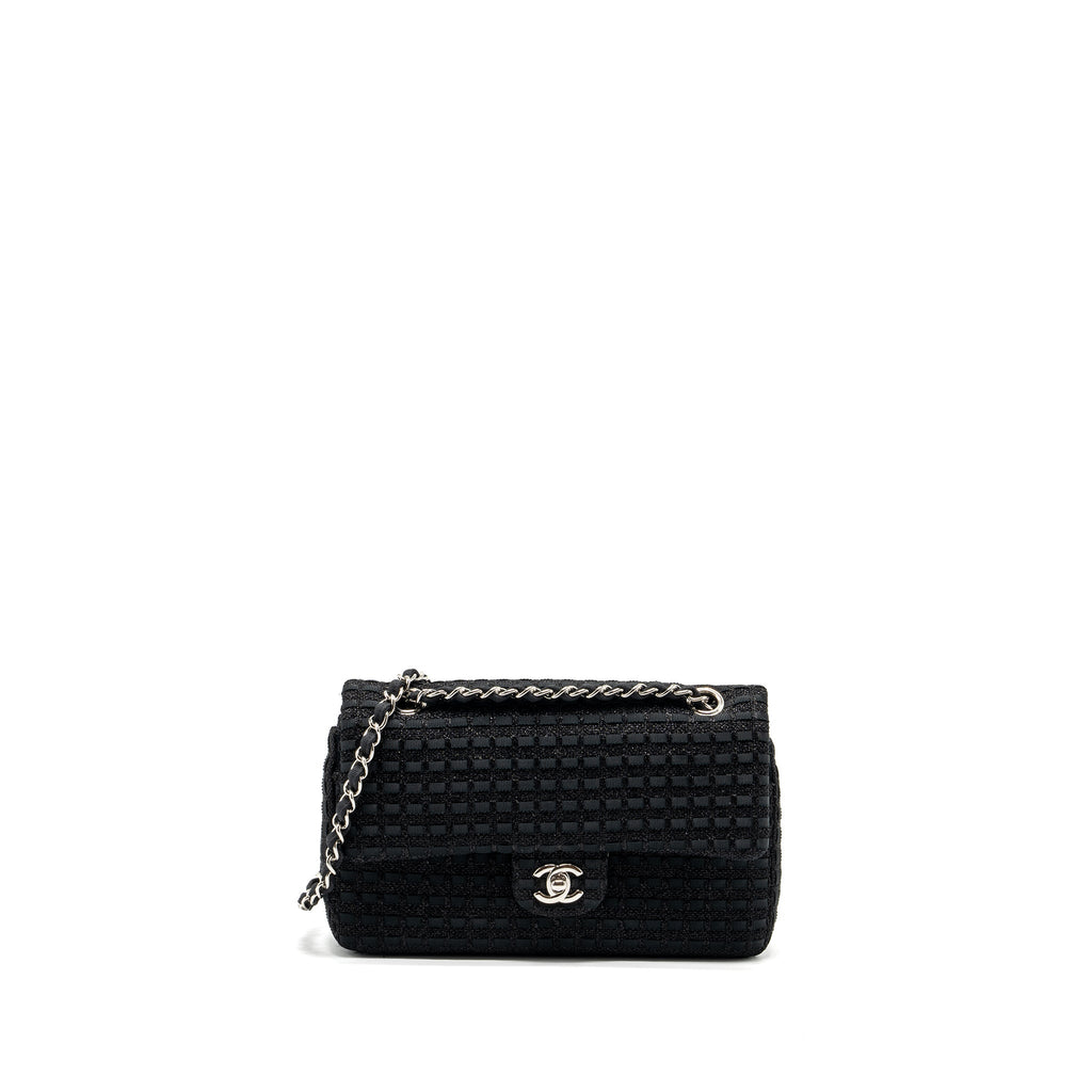 CHANEL MEDIUM CLASSIC DOUBLE FLAP BAG TWEED BLACK SHW