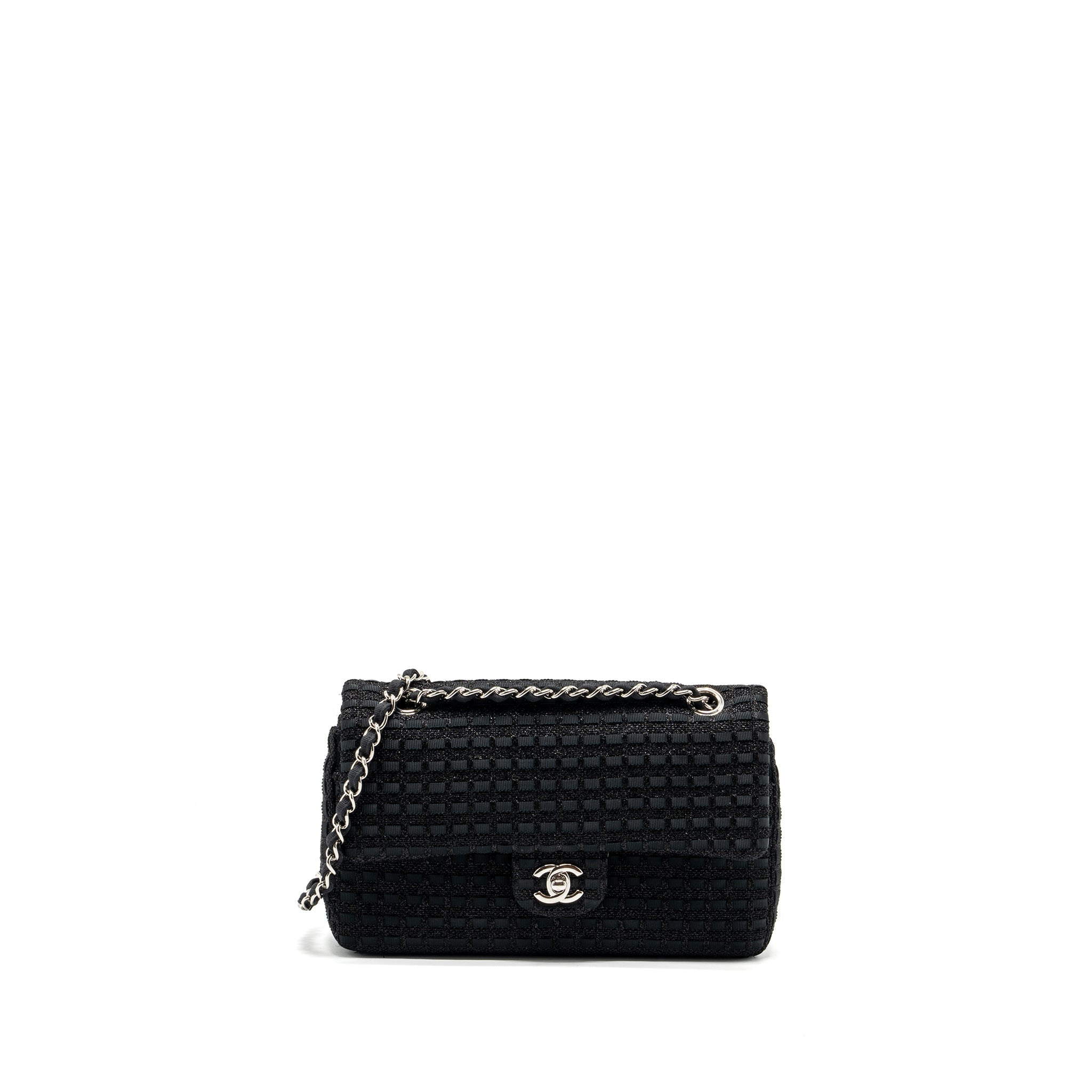 CHANEL MEDIUM CLASSIC DOUBLE FLAP BAG TWEED BLACK SHW