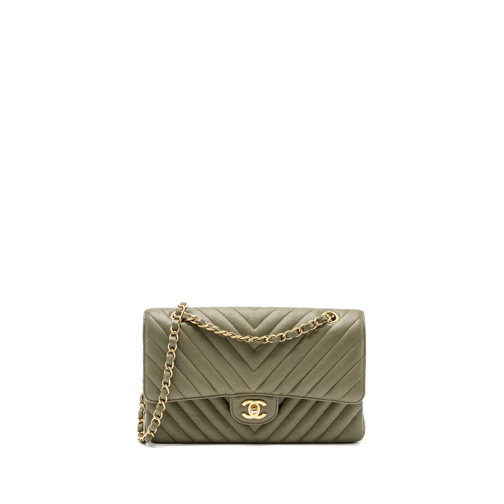 CHANEL MEDIUM CLASSIC DOUBLE FLAP BAG CHEVRON CALFSKIN GREEN GHW