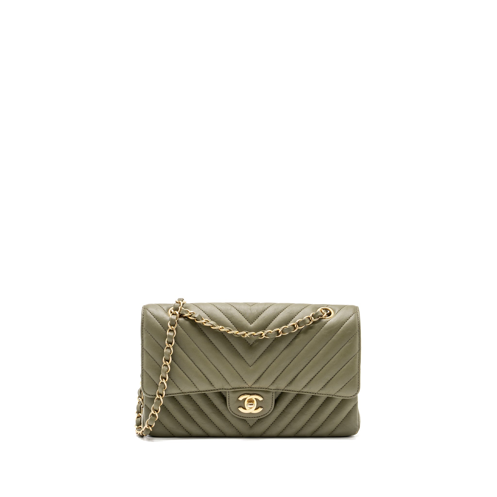 CHANEL MEDIUM CLASSIC DOUBLE FLAP BAG CHEVRON CALFSKIN GREEN GHW