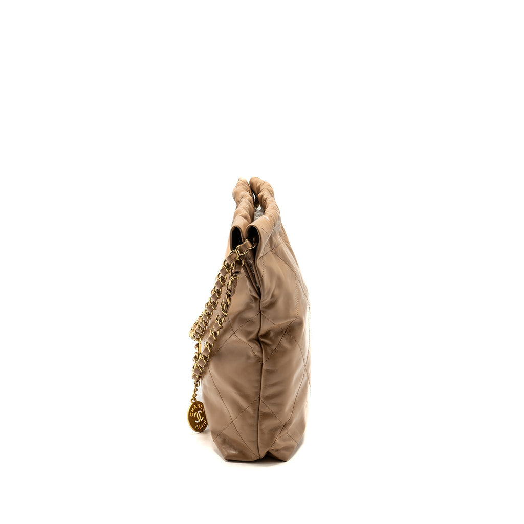 CHANEL SMALL 22 BAG SHINY CALFSKIN DARK BEIGE GHW (MICROCHIP)