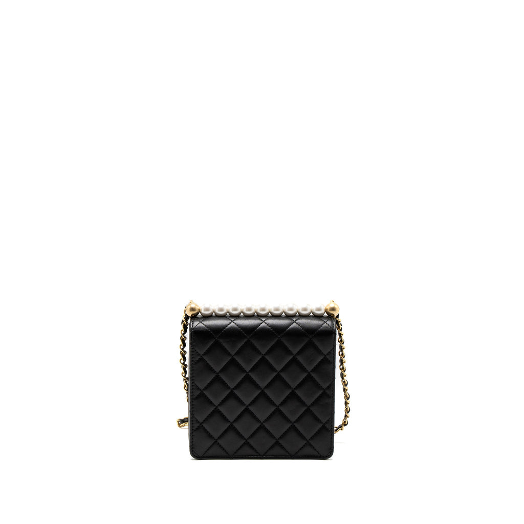CHANEL SQUARE PEARL FLAP BAG LAMBSKIN BLACK BRUSHED GHW
