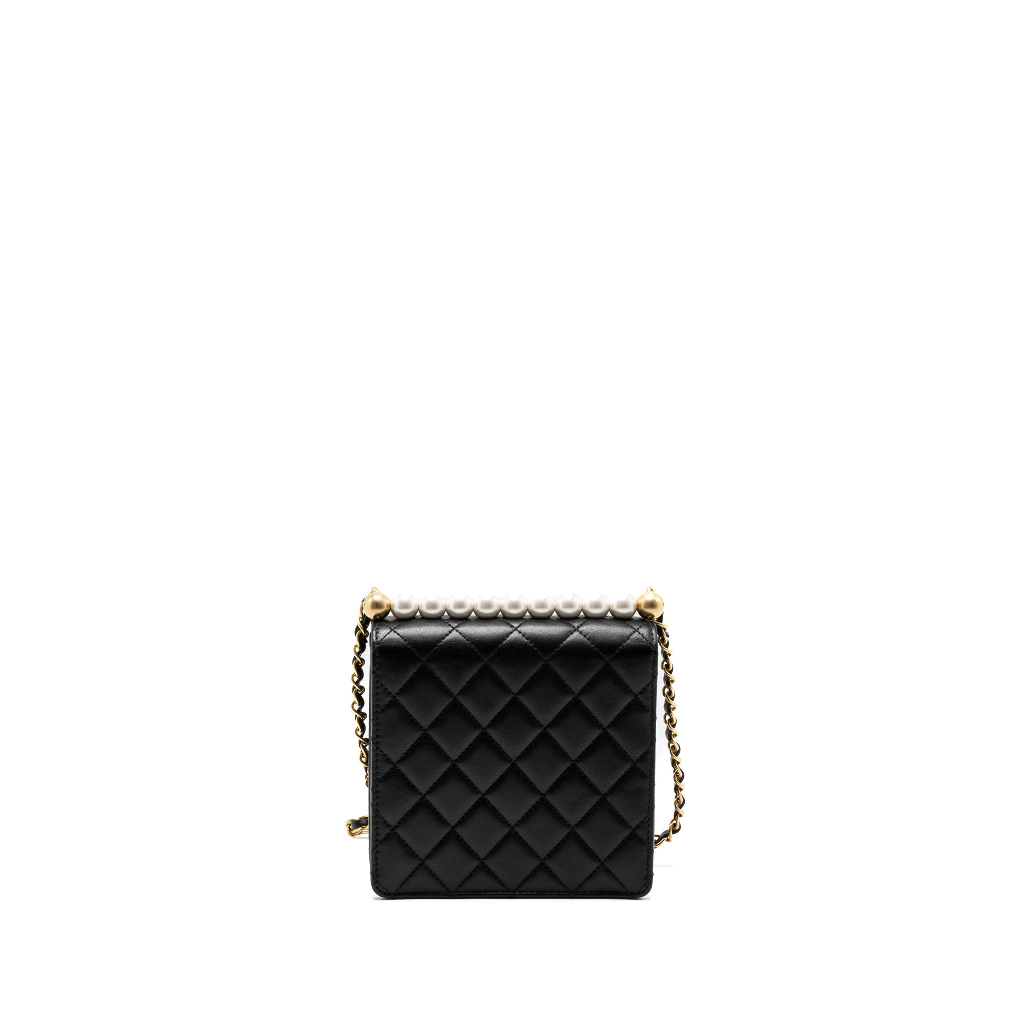 CHANEL SQUARE PEARL FLAP BAG LAMBSKIN BLACK BRUSHED GHW