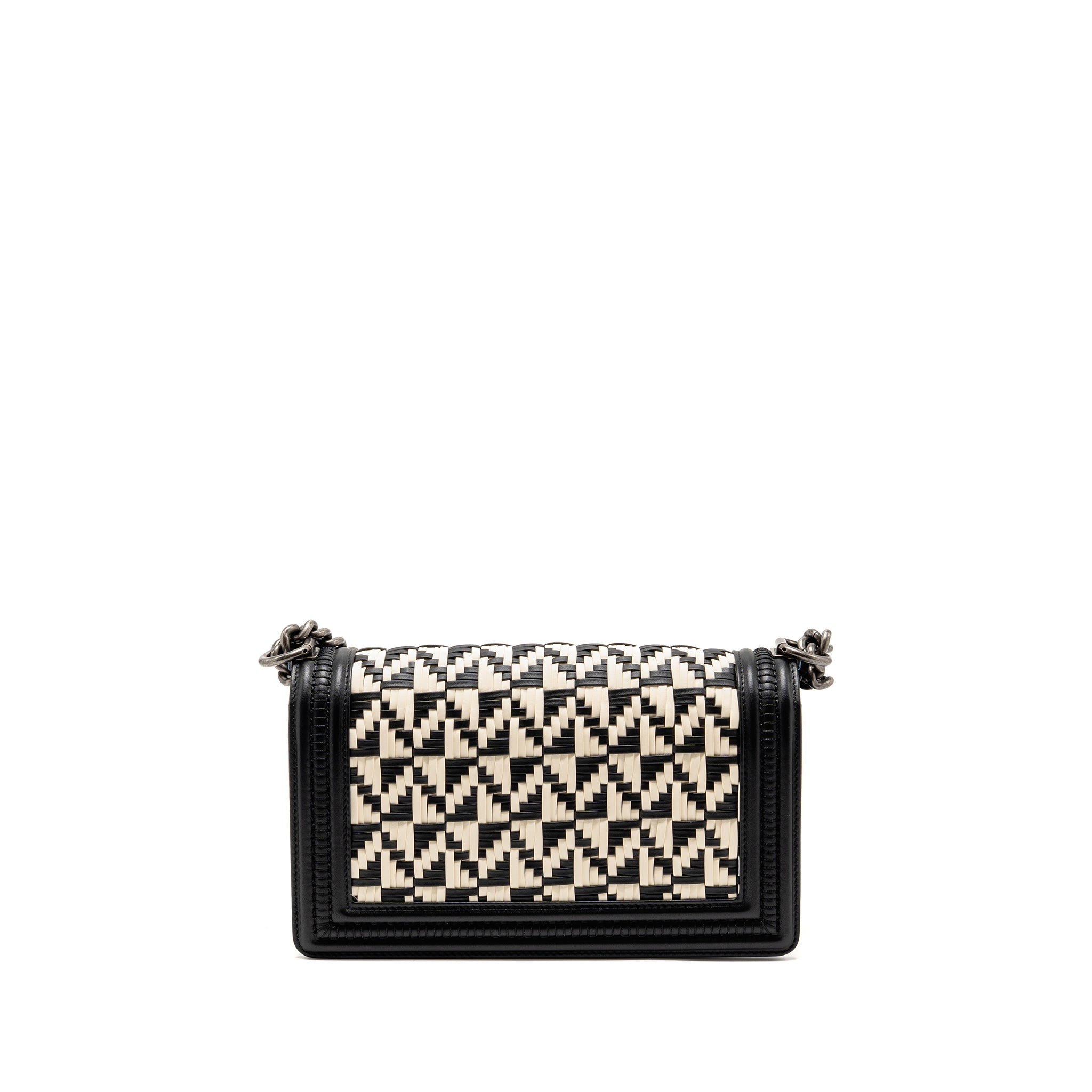 CHANEL MEDIUM BOY BAG WOVEN BLACK/WHITE RUTHENIUM HARDWARE