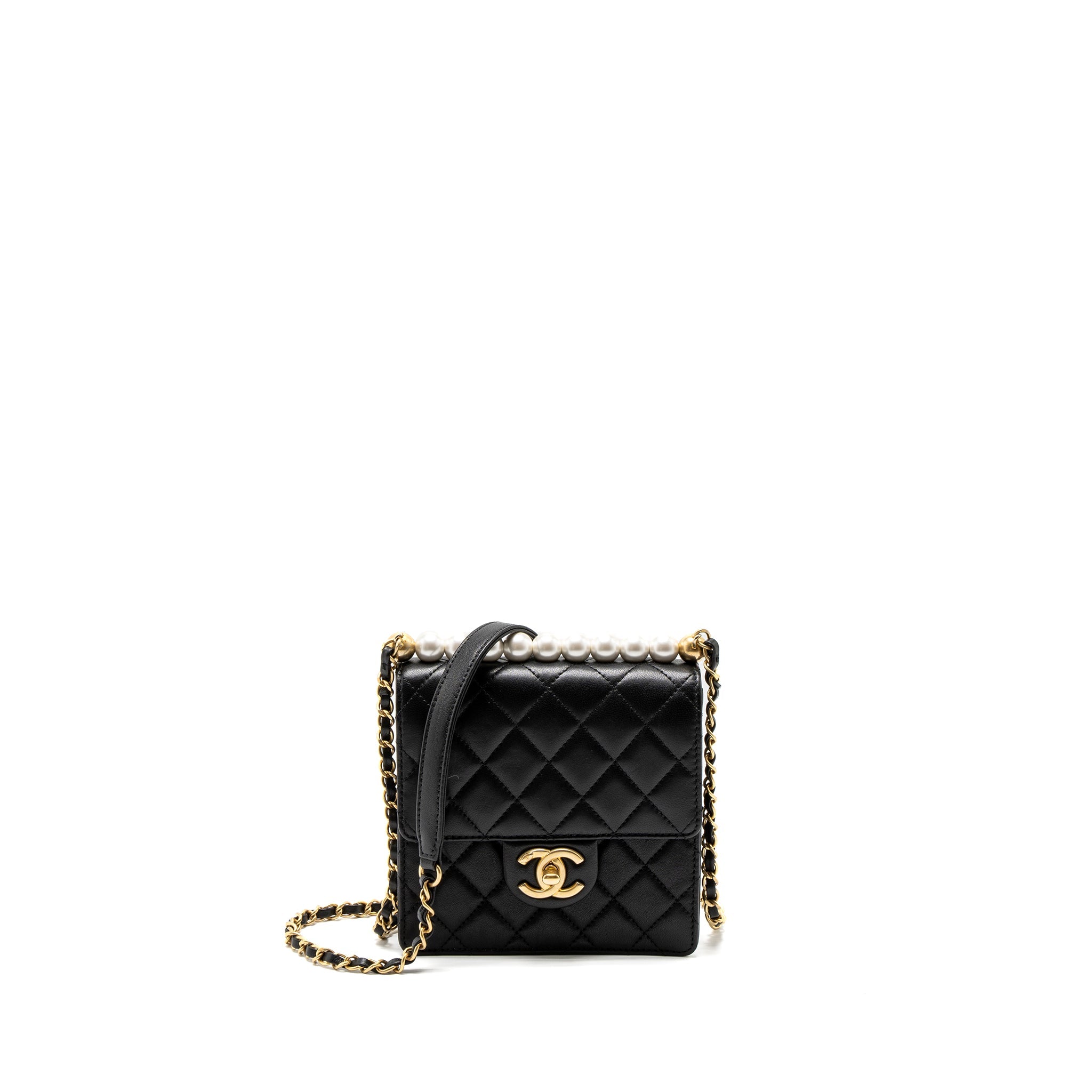 CHANEL SQUARE PEARL FLAP BAG LAMBSKIN BLACK BRUSHED GHW