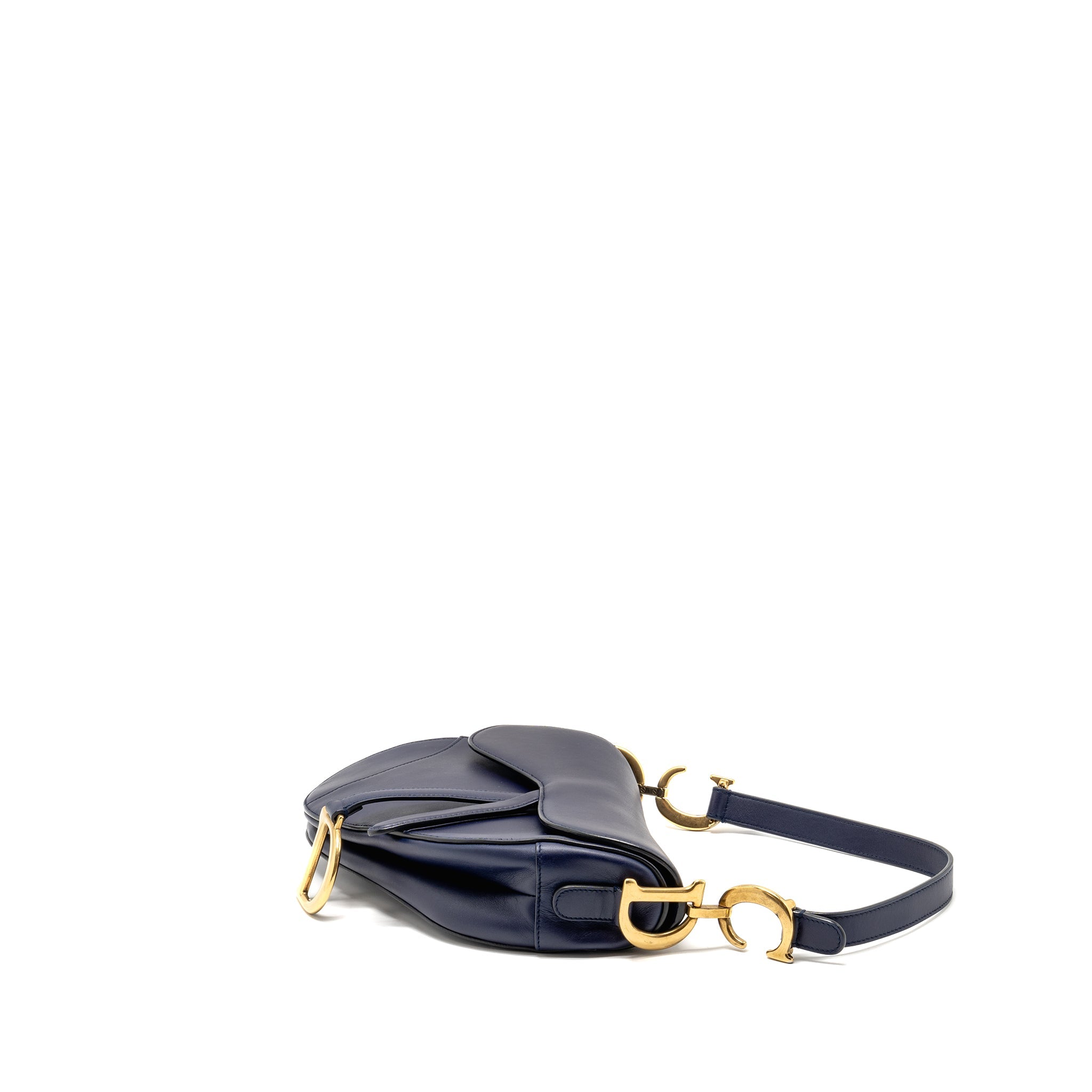DIOR MEDIUM SADDLE BAG CALFSKIN NAVY GHW WITH BLACK OBLIQUE STRAP