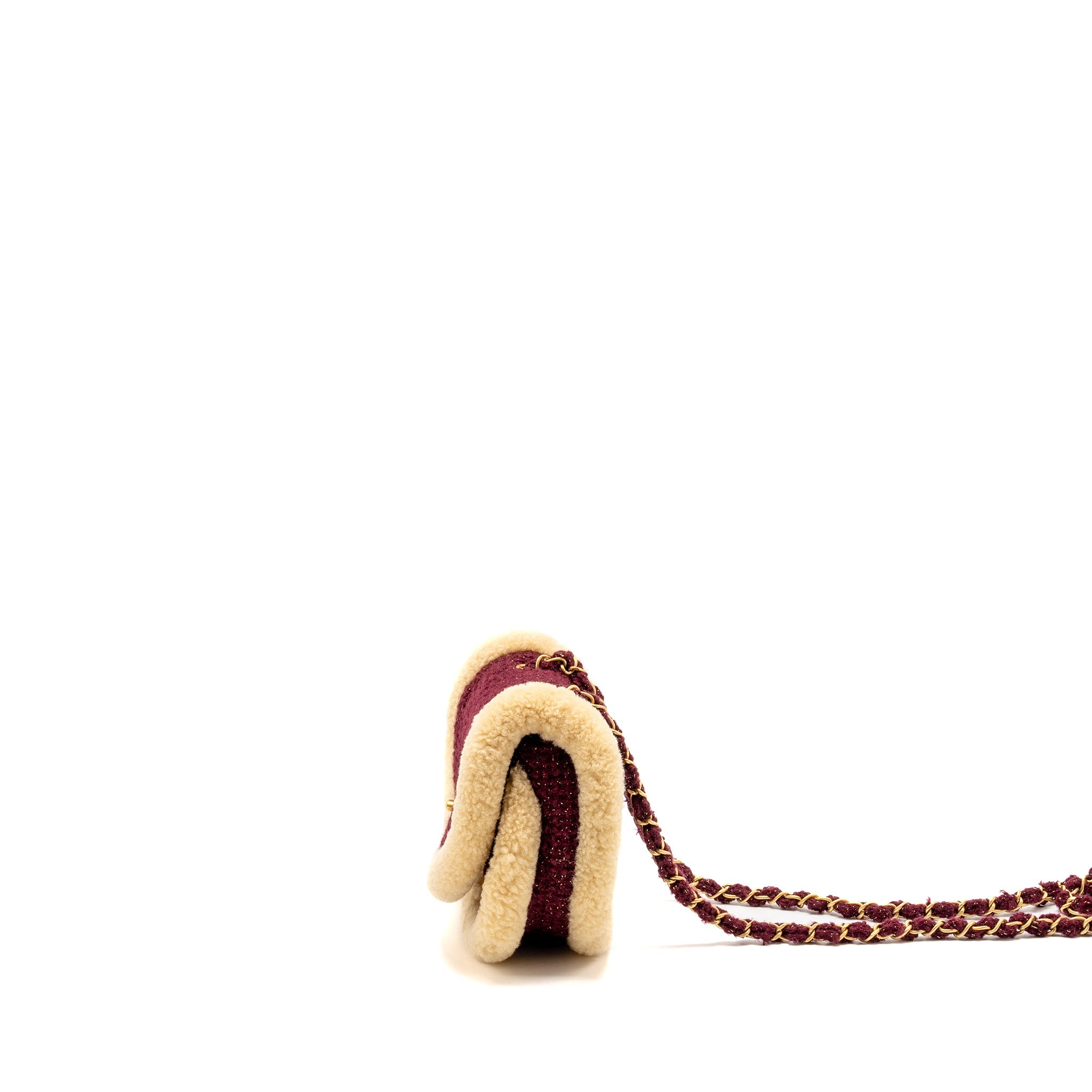 CHANEL 22K MINI MESSENGER FLAP BAG SHEARLING/TWEED BURGUNDY/BEIGE GHW (MICROCHIP)