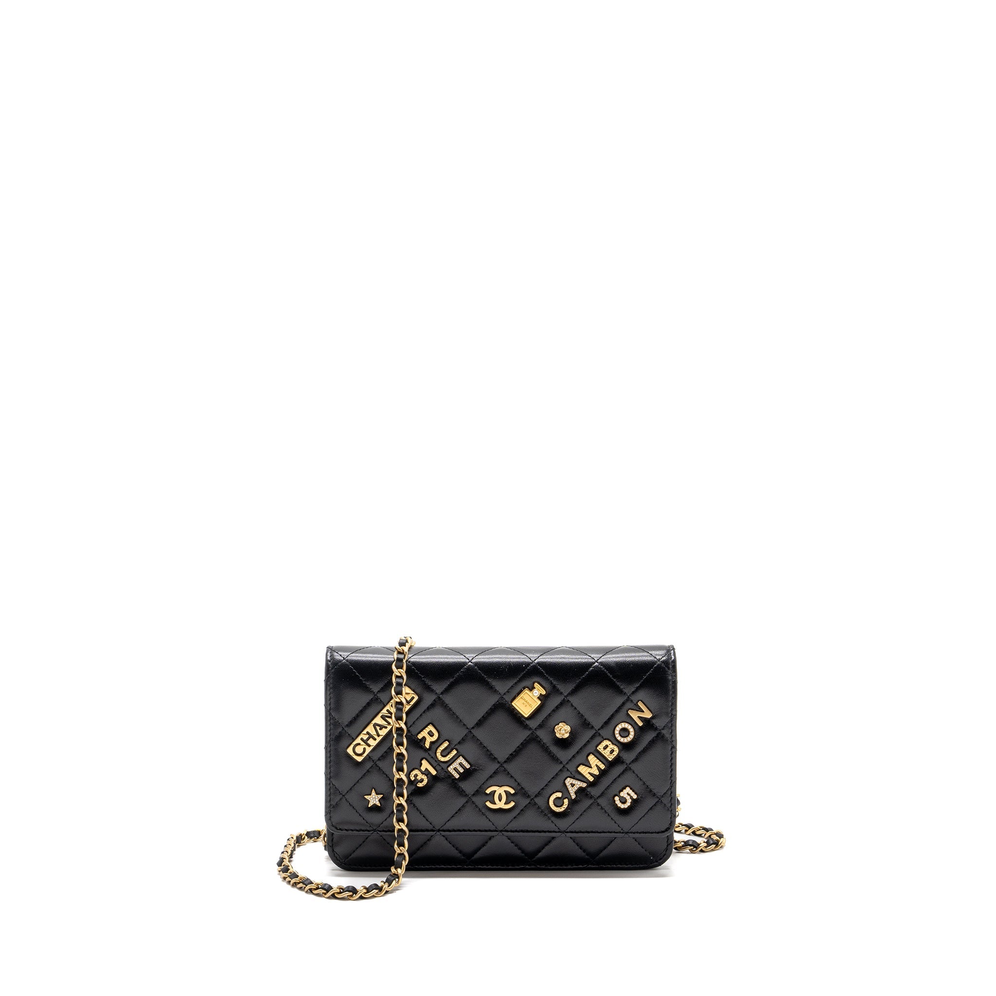 CHANEL CLASSIC WALLET ON CHAIN WITH CHARMS LAMBSKIN BLACK GHW