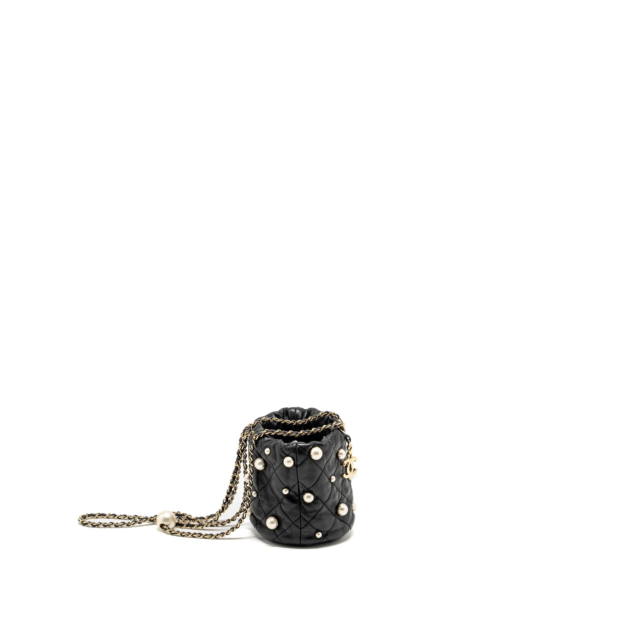 CHANEL 21S QUILTED MINI ABOUT PEARLS BUCKET BAG LAMBSKIN BLACK LGHW
