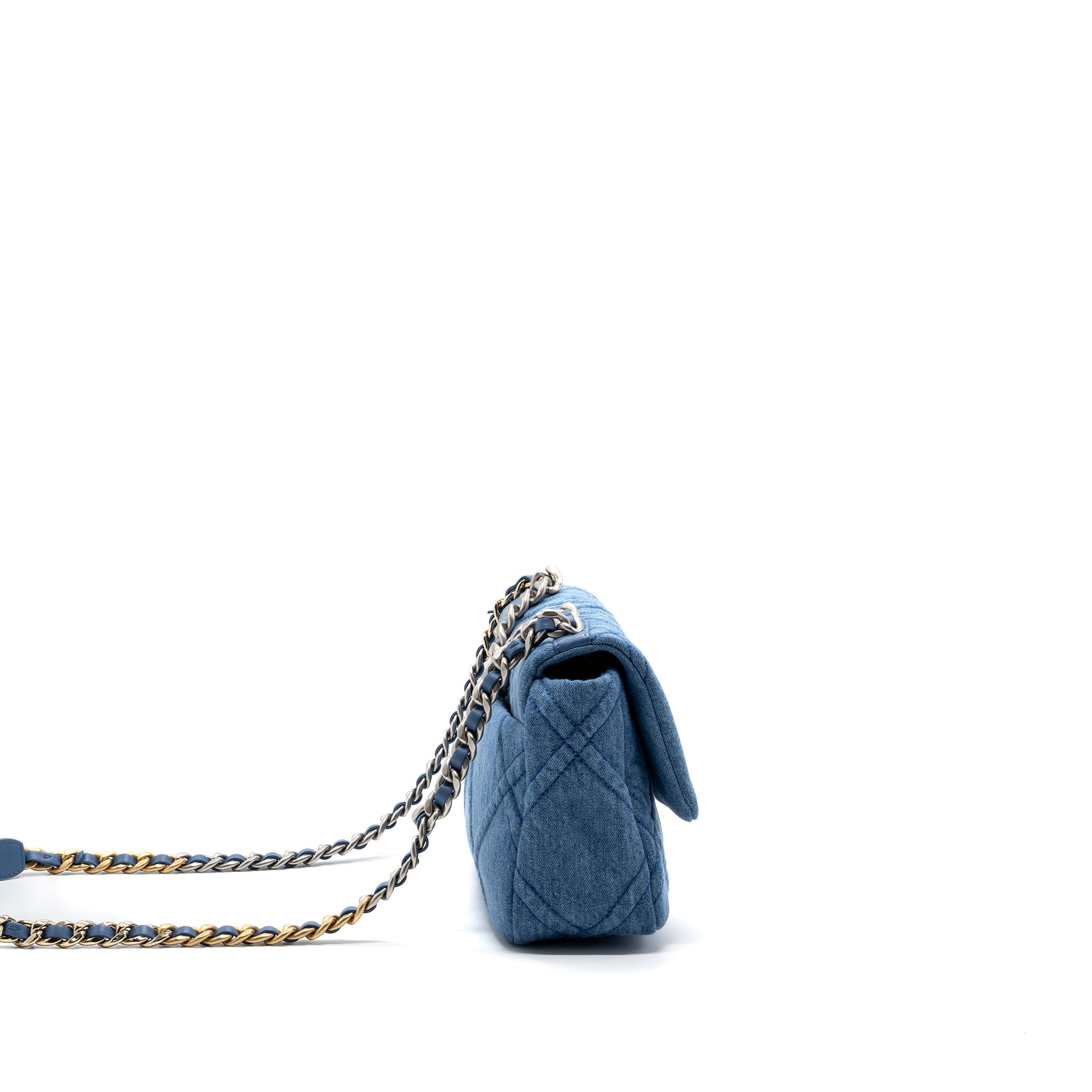 CHANEL SMALL 19 BAG BLUE DENIM MULTICOLOUR HARDWARE (MICROCHIP)