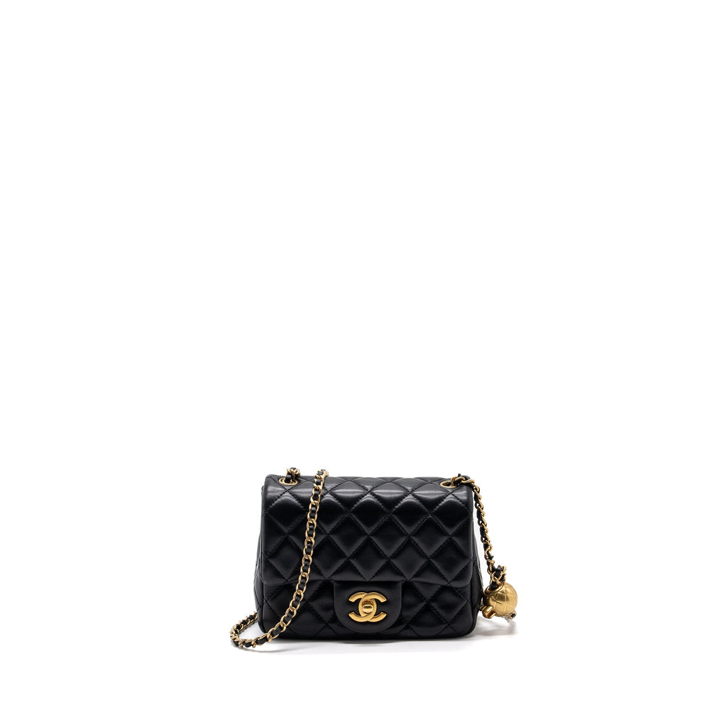CHANEL PEARL CRUSH MINI SQUARE FLAP BAG LAMBSKIN BLACK GHW(MICROCHIP)
