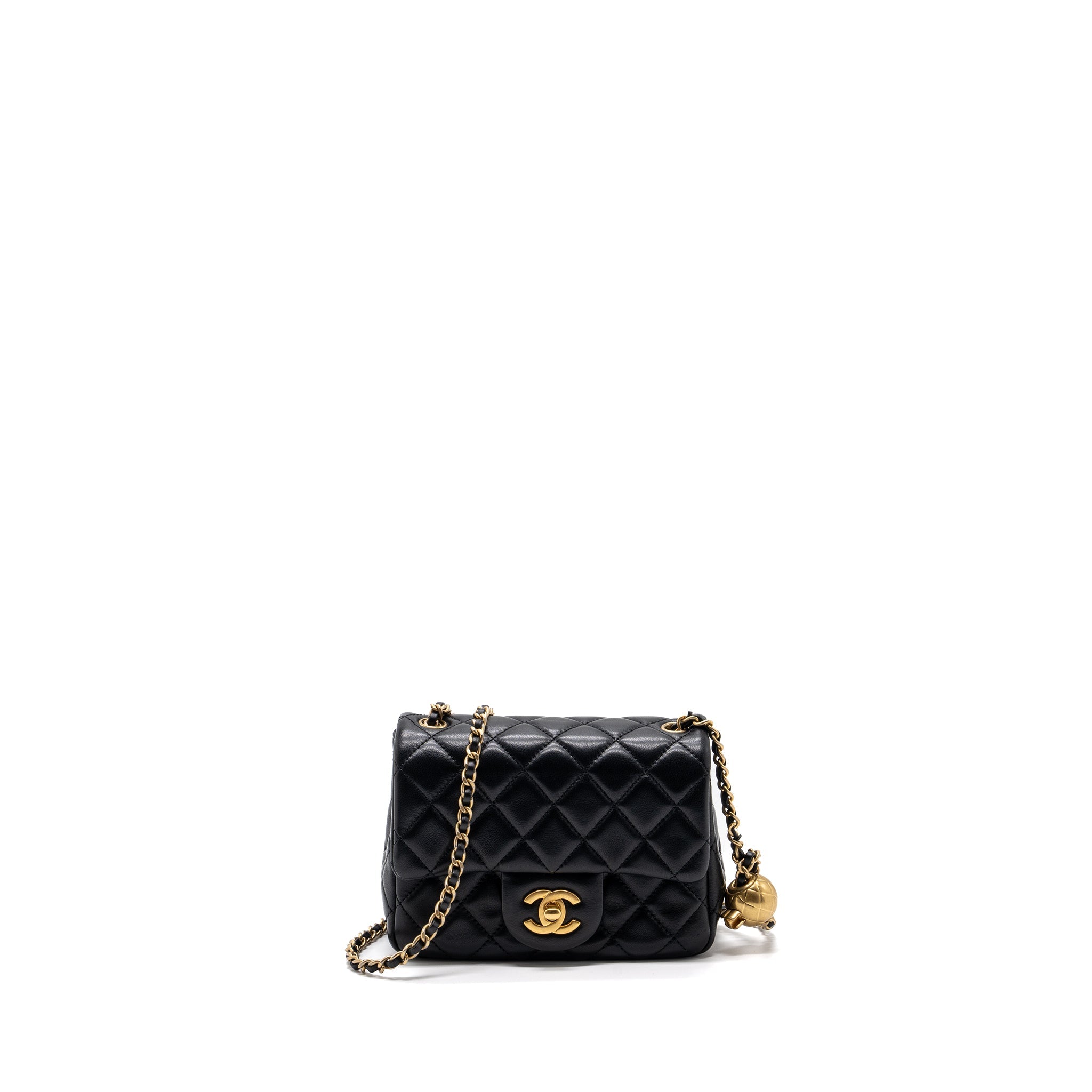 CHANEL PEARL CRUSH MINI SQUARE FLAP BAG LAMBSKIN BLACK GHW(MICROCHIP)