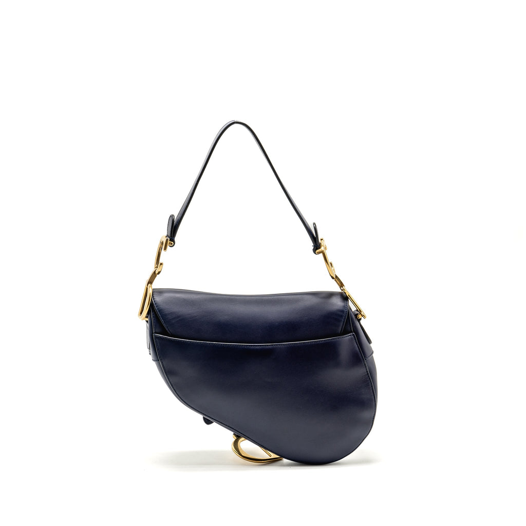 DIOR MEDIUM SADDLE BAG CALFSKIN NAVY GHW WITH BLACK OBLIQUE STRAP