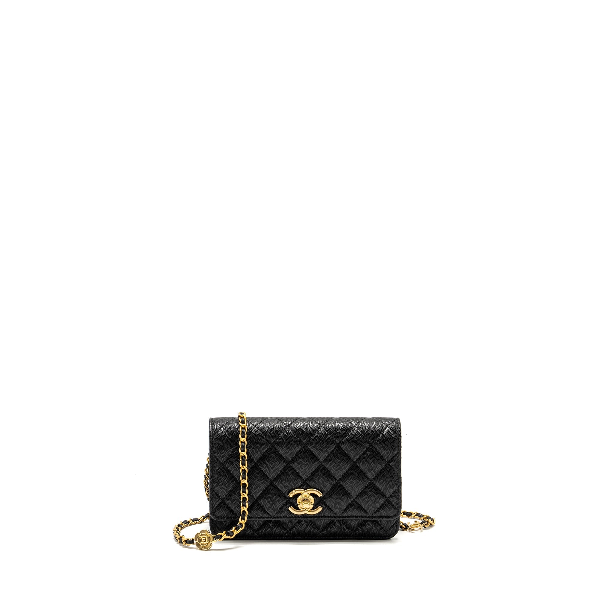 CHANEL CAMELLIA WALLET ON CHAIN CAVIAR BLACK GHW (MICROCHIP)
