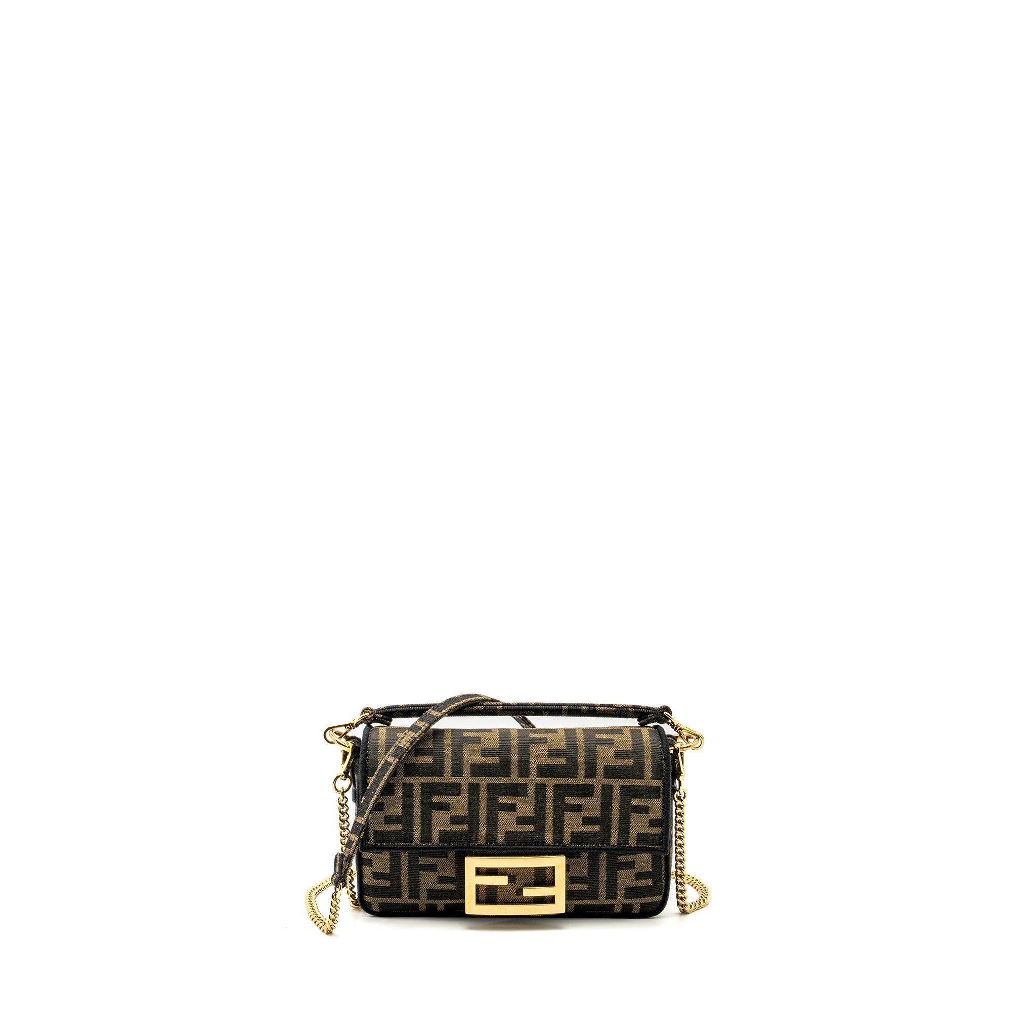 FENDI MINI BAGUETTE BAG FF JACQUARD FABRIC BROWN GHW