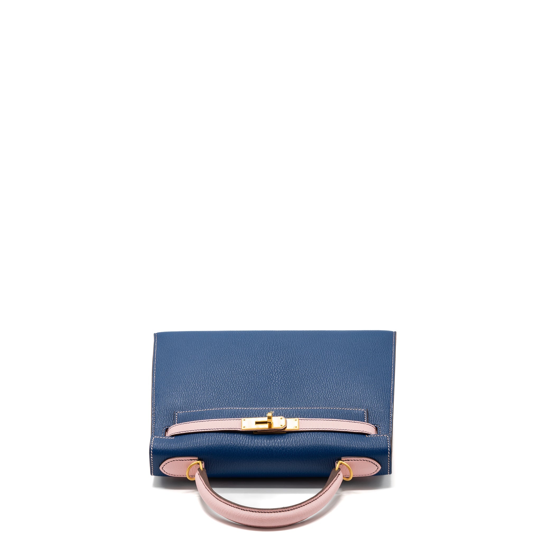 HERMES KELLY 28 SPECIAL ORDER CHEVRE MYSORE BLUE SAPPHIRE / ROSE SAKURA BRUSHED GHW