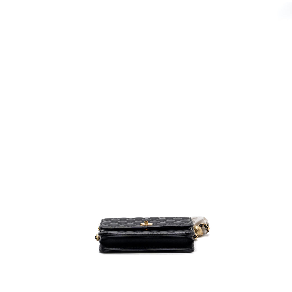 CHANEL 23K PEARL CRUSH WALLET ON CHAIN LAMBSKIN BLACK GHW (MICROCHIP)