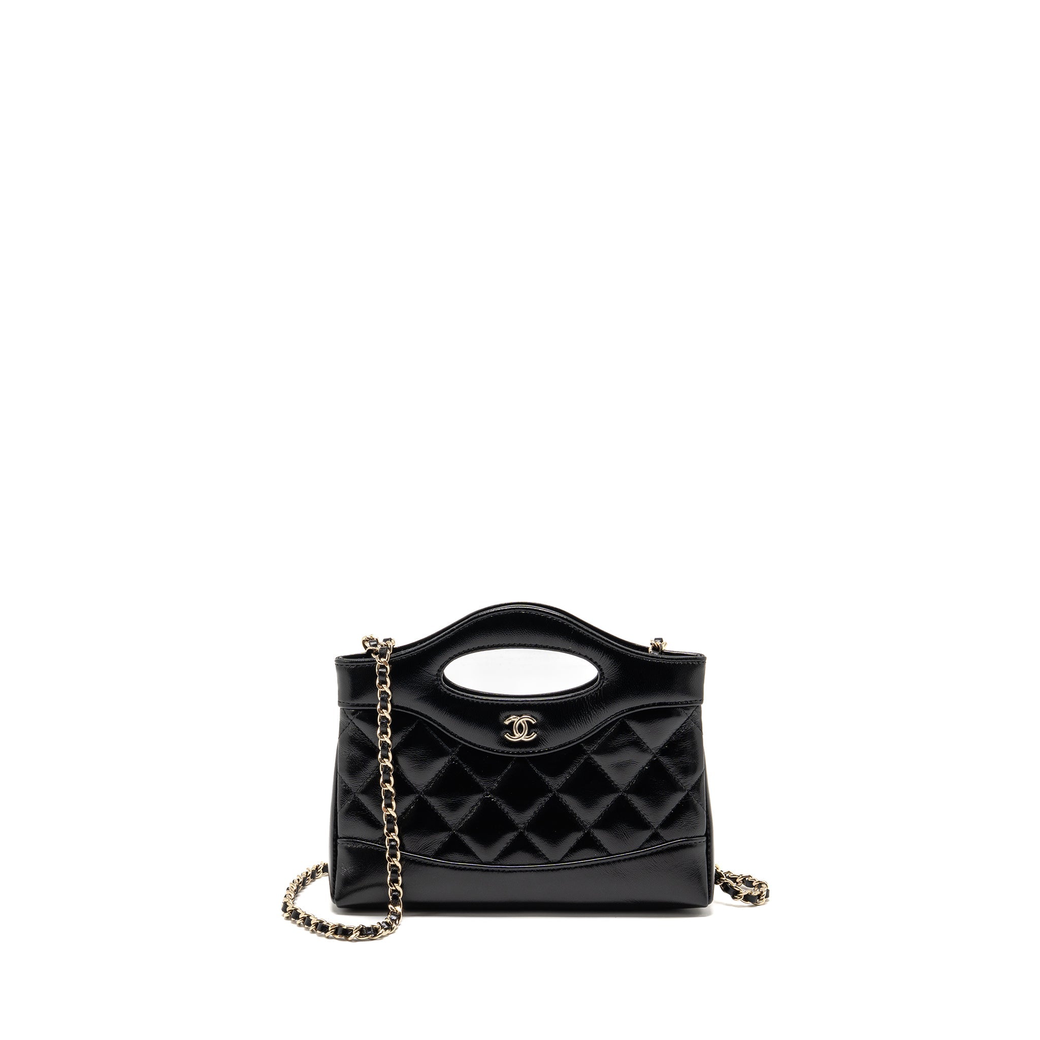 CHANEL MINI 31 CLUTCH WITH CHAIN SHINY LAMBSKIN BLACK LGHW (MICROCHIP)