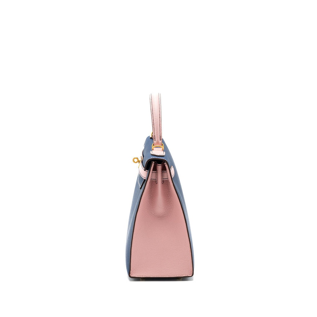HERMES KELLY 28 SPECIAL ORDER CHEVRE MYSORE BLUE SAPPHIRE / ROSE SAKURA BRUSHED GHW