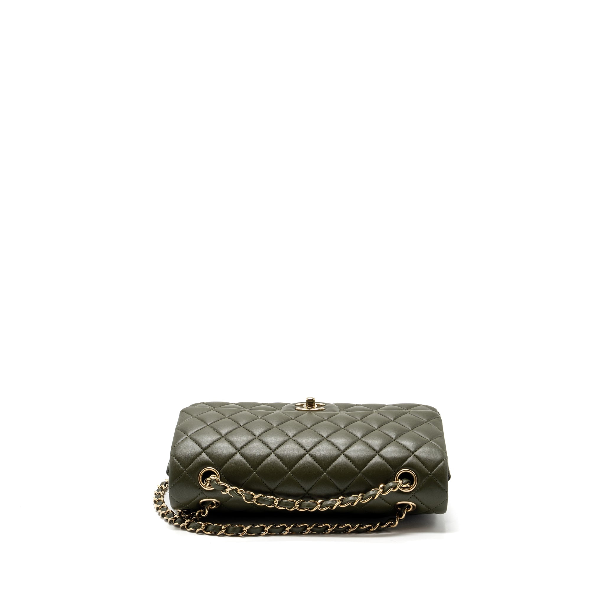 CHANEL 22K MEDIUM CLASSIC DOUBLE FLAP BAG LAMBSKIN OLIVE GREEN LGHW(MICROCHIP)