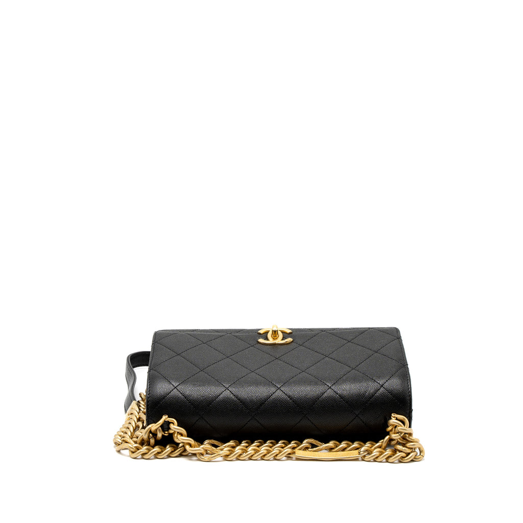 CHANEL FLAP BAG WITH DETAIL CHAIN GRAINED CALFSKIN BLACK BRUSHED GHW (MICROCHIP)
