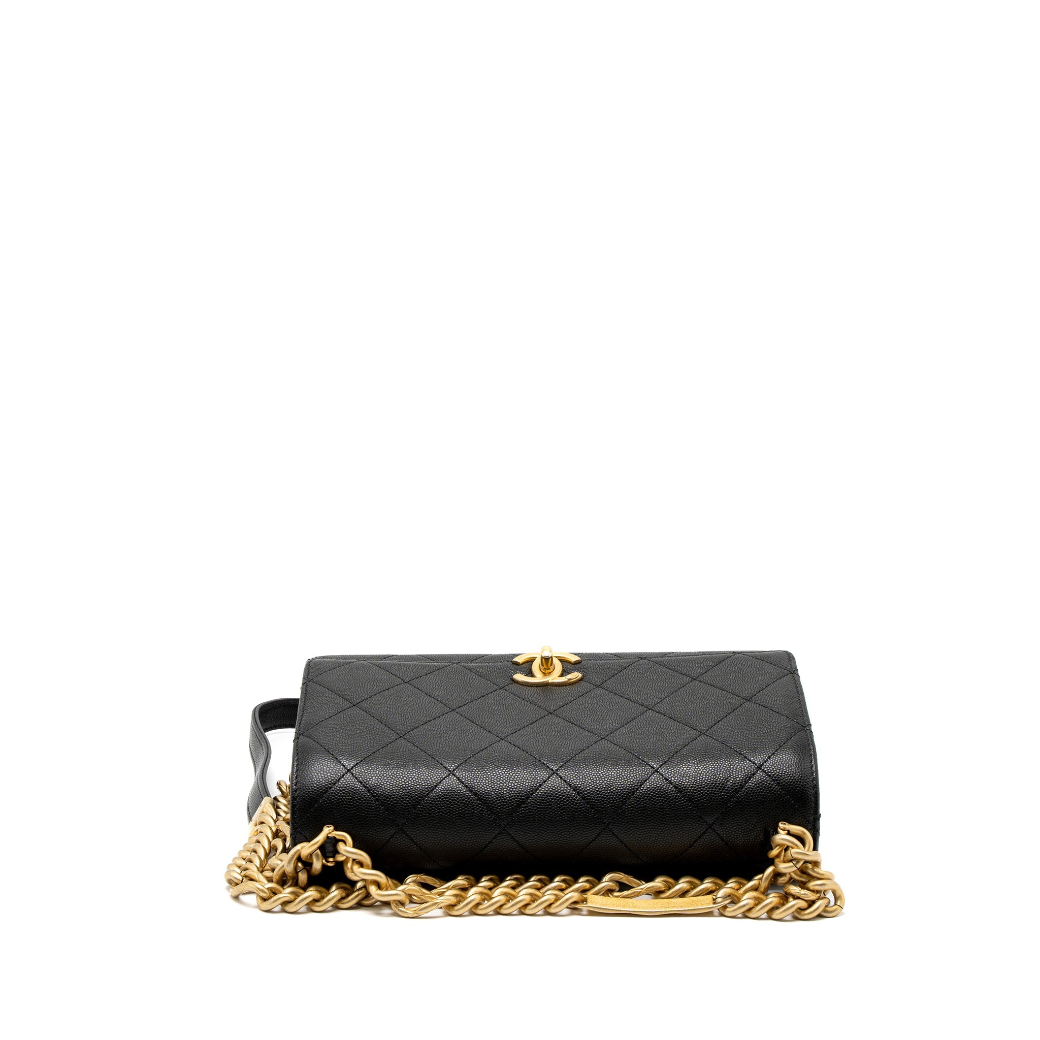 CHANEL FLAP BAG WITH DETAIL CHAIN GRAINED CALFSKIN BLACK BRUSHED GHW (MICROCHIP)