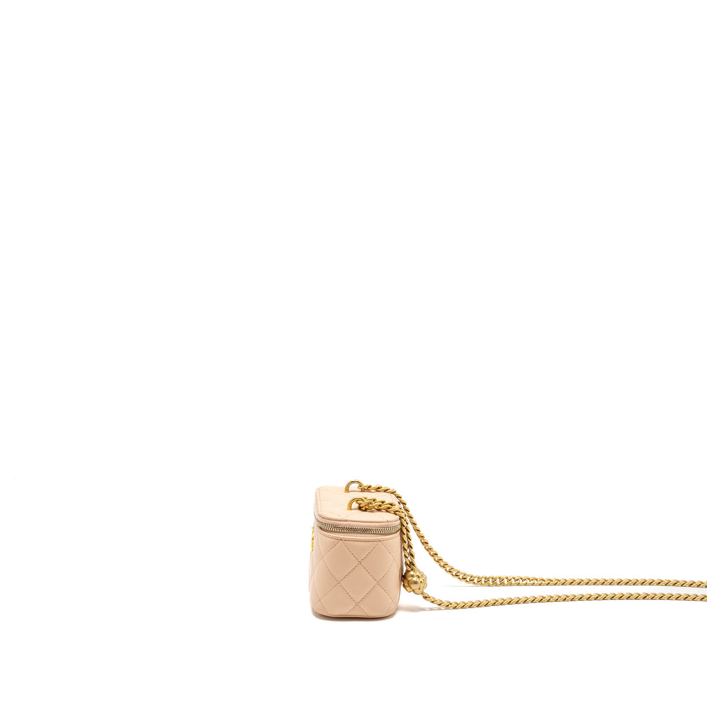 CHANEL MINI VANITY CASE WITH CAMELLIA ADJUSTABLE CHAIN LAMBSKIN BEIGE GHW (MICROCHIP)