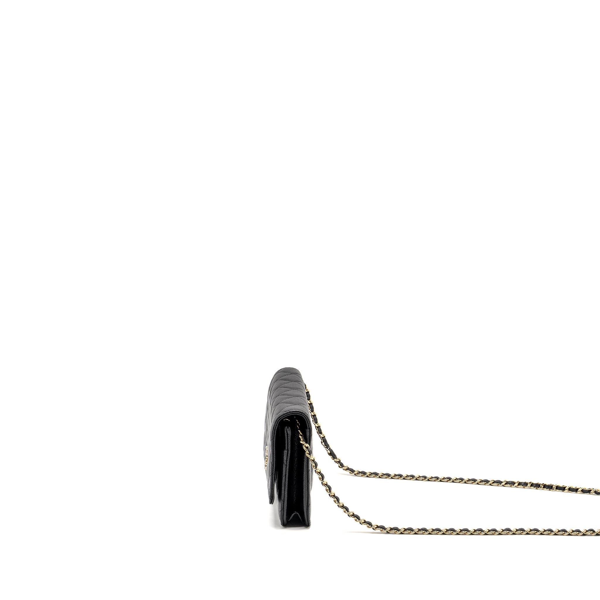 CHANEL DETAILED CC LOGO WALLET ON CHAIN CAVIAR BLACK LGHW (MICROCHIP)