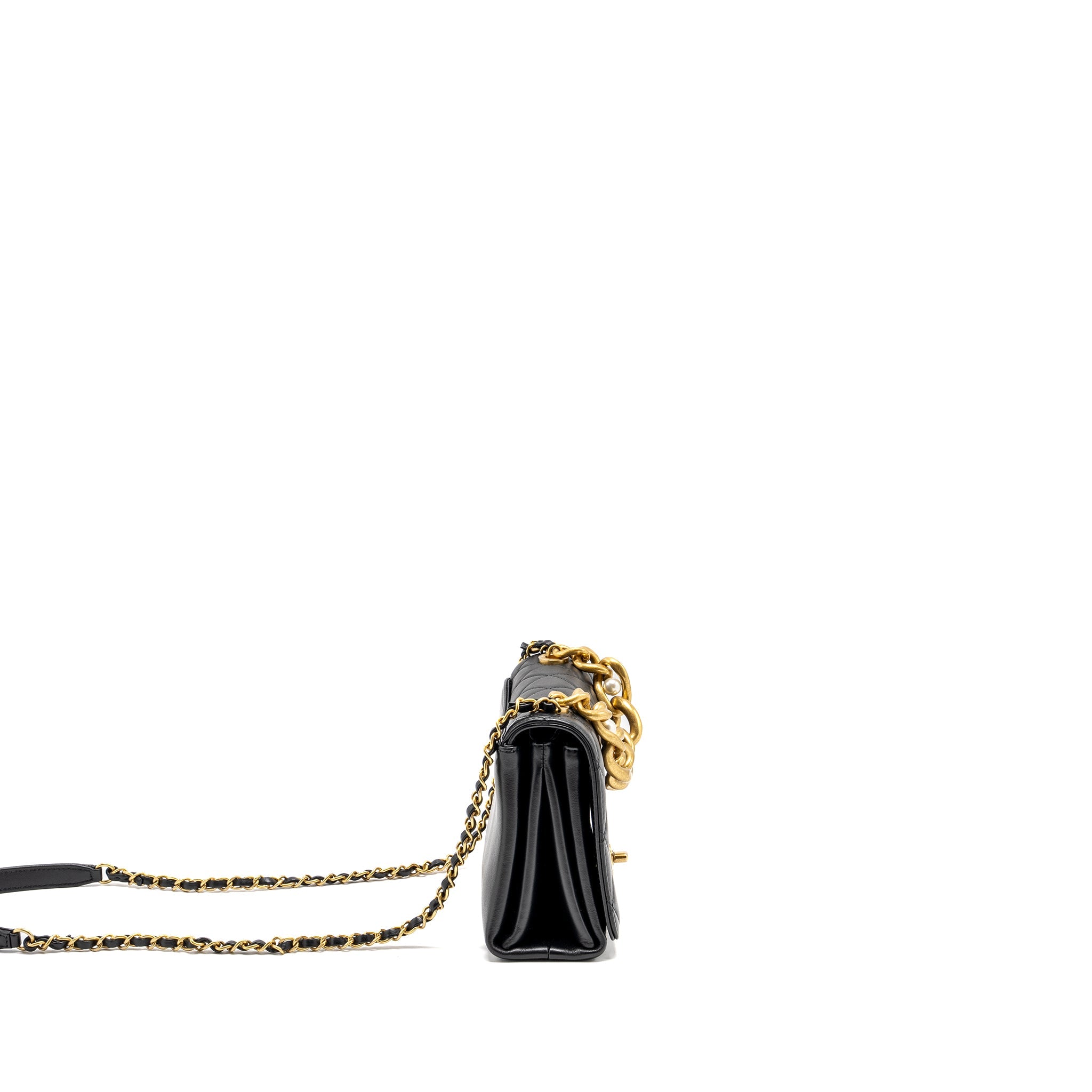 CHANEL SEASONAL FLAP BAG GIANT CHAIN HANDLE WITH PEARL CALFSKIN BLACK BRUSH GHW (MICROCHIP)