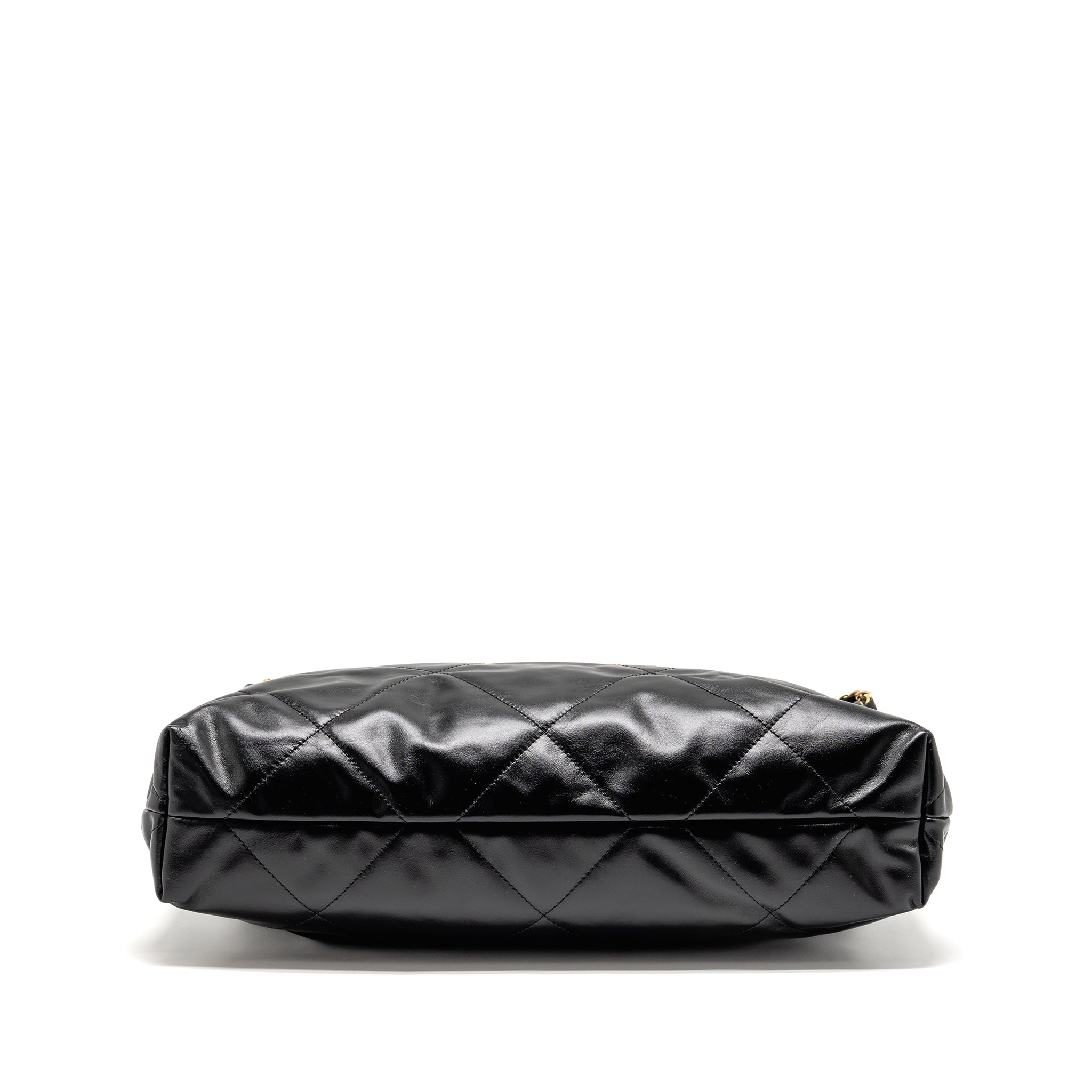 CHANEL MEDIUM 22 BAG GOLD LETTER SHINY CALFSKIN BLACK GHW (MICROCHIP)