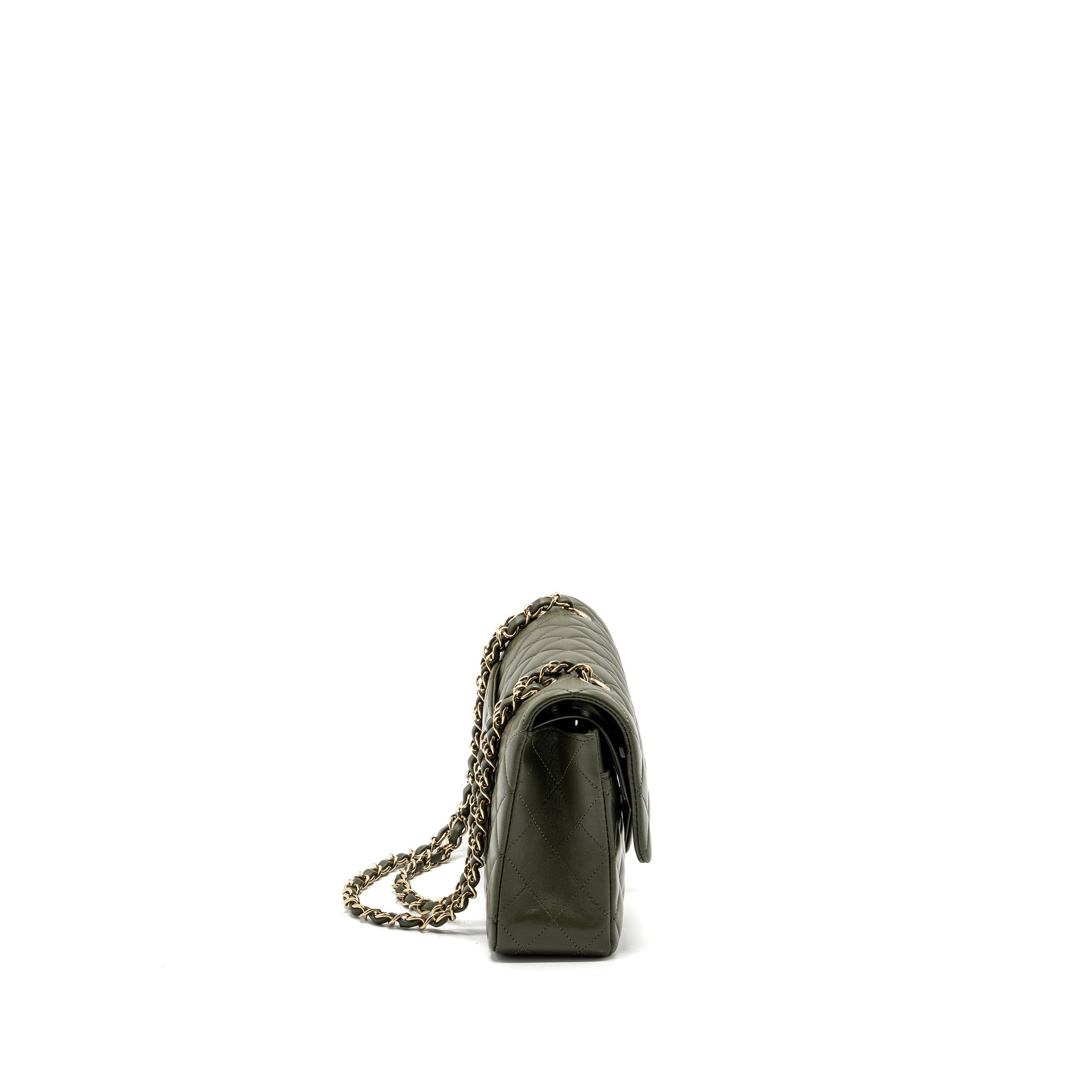 CHANEL 22K MEDIUM CLASSIC DOUBLE FLAP BAG LAMBSKIN OLIVE GREEN LGHW(MICROCHIP)