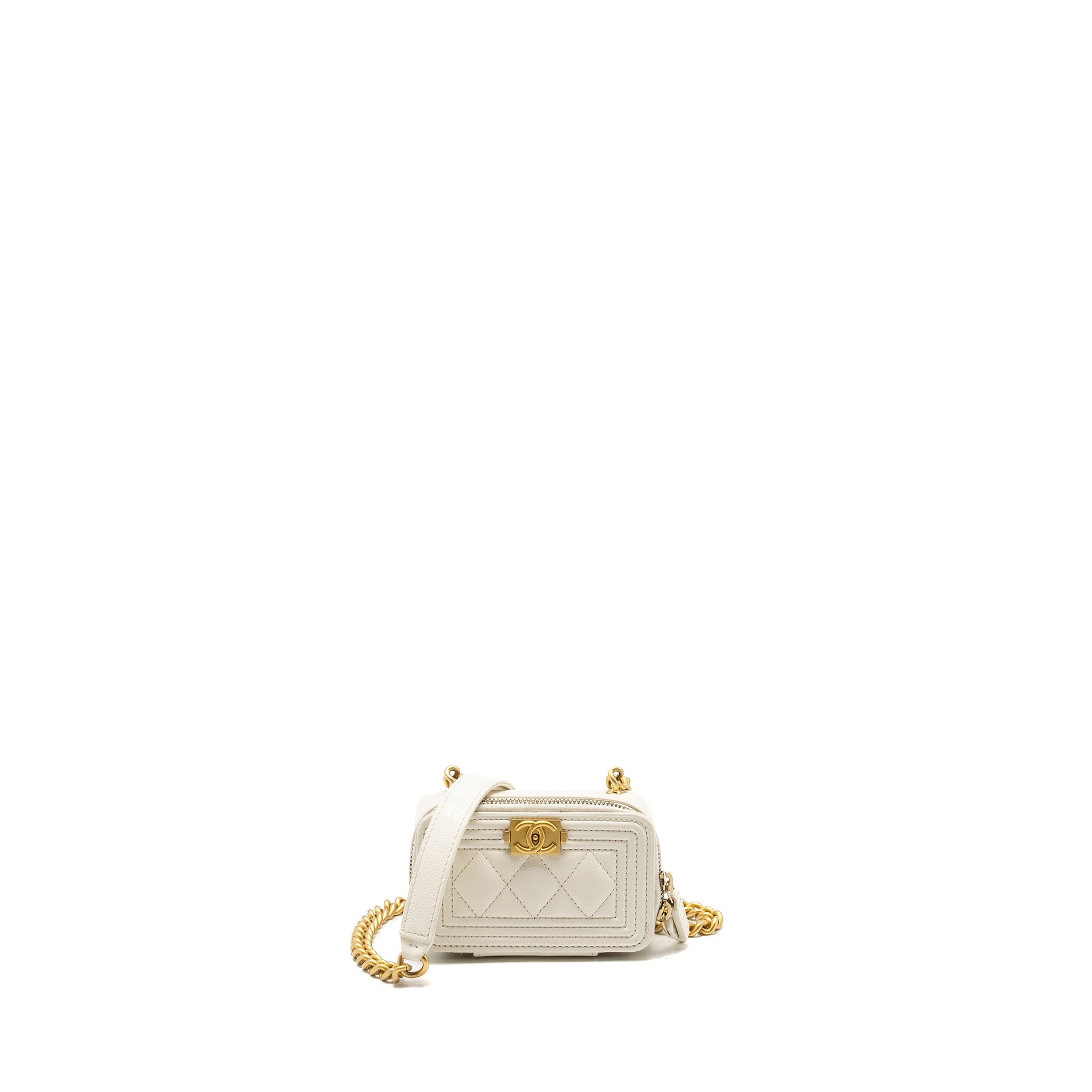 CHANEL BOY CHAIN CLUTCH CAVIAR WHITE GHW (MICROCHIP)