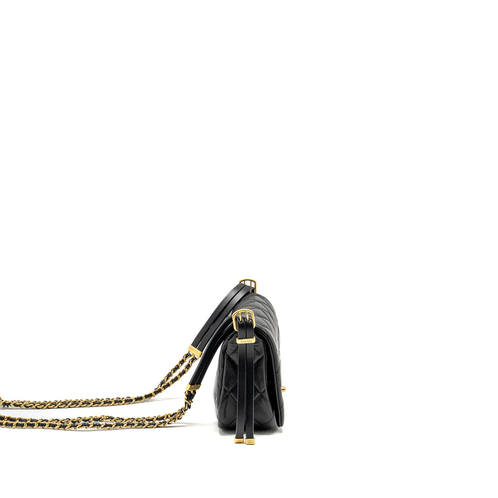 CHANEL 23B DETAIL CHAINS QUILTED FLAP BAG LAMBSKIN BLACK GHW(MICROCHIP)