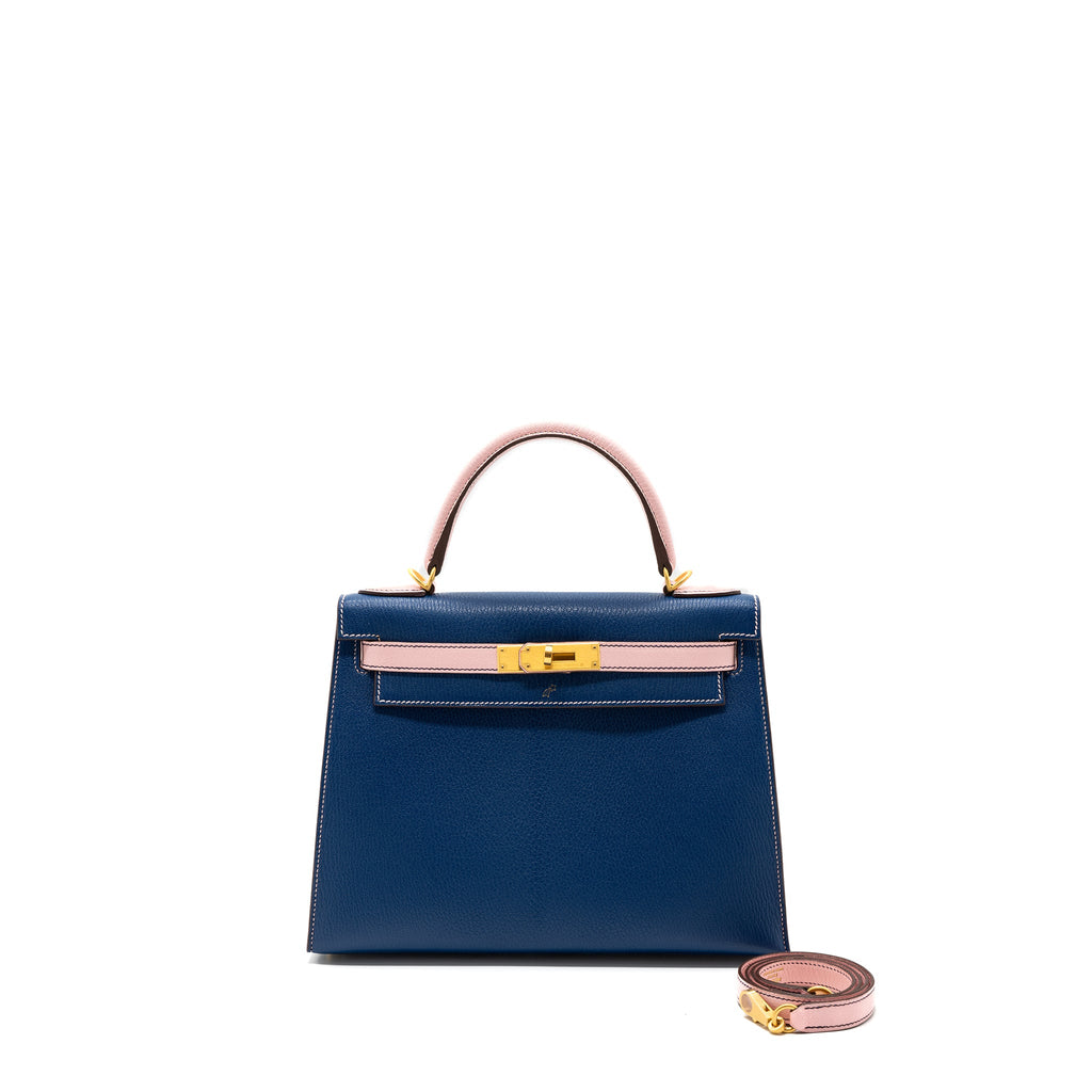 HERMES KELLY 28 SPECIAL ORDER CHEVRE MYSORE BLUE SAPPHIRE / ROSE SAKURA BRUSHED GHW