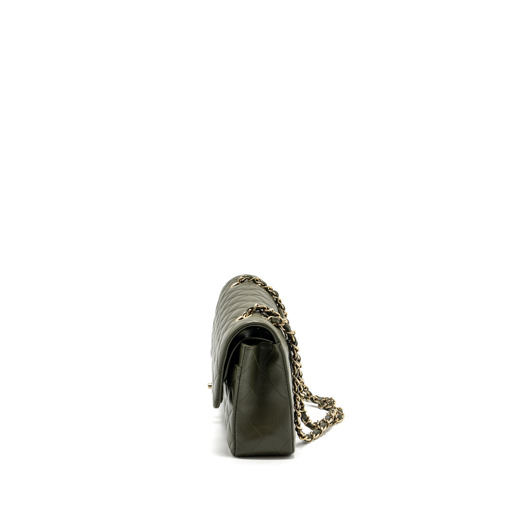 CHANEL 22K MEDIUM CLASSIC DOUBLE FLAP BAG LAMBSKIN OLIVE GREEN LGHW(MICROCHIP)