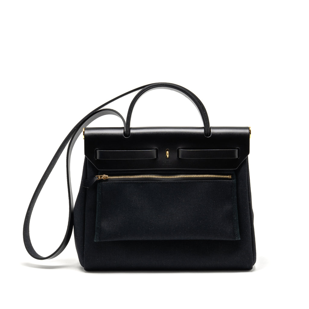 HERMES HERBAG 31 ZIP BAG CANVAS/ HUNTER LEATHER BLACK GHW