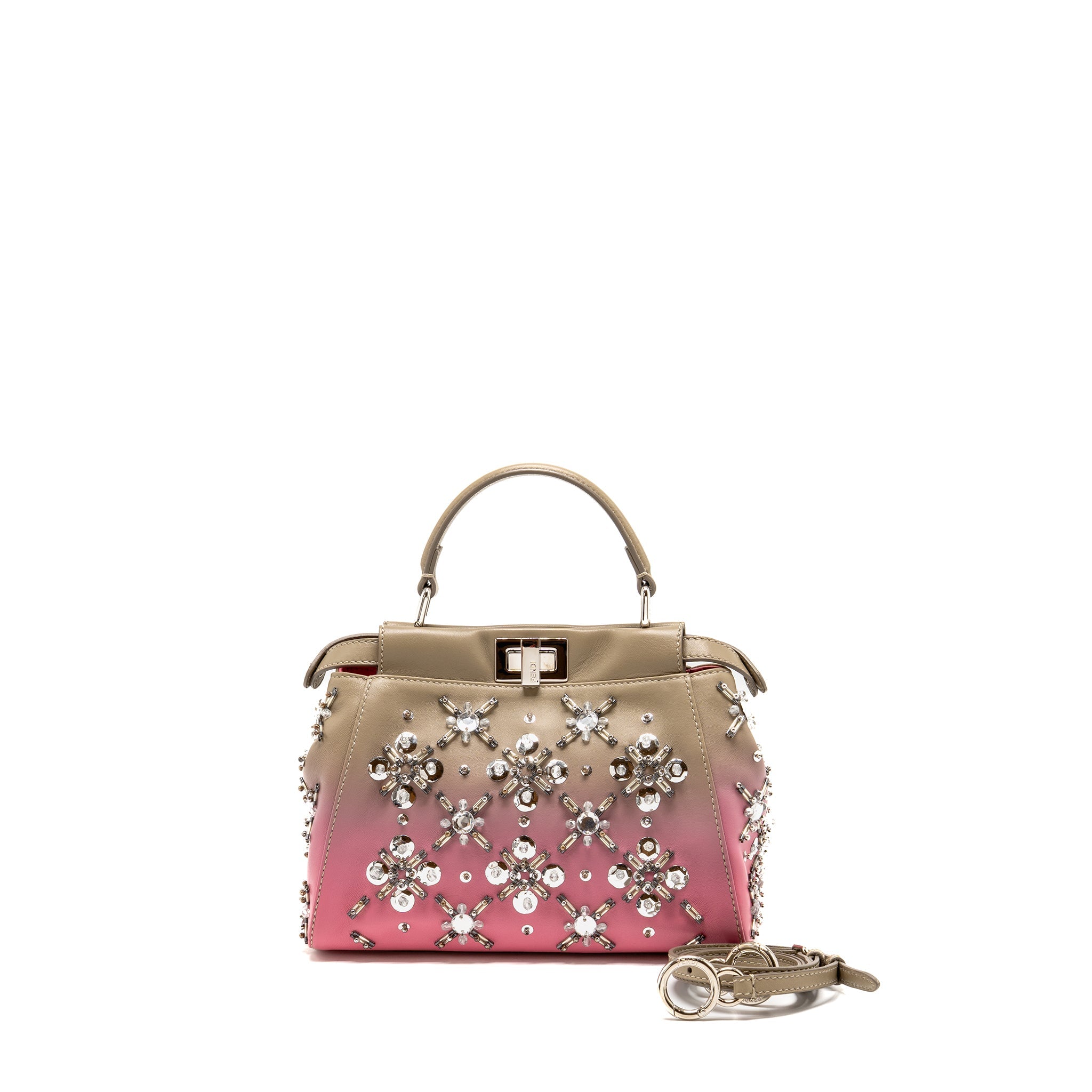 FENDI MINI PEEKABOO BAG CRYSTAL EMBELLISHED OMBRE LEATHER TAUPE/PINK SHW