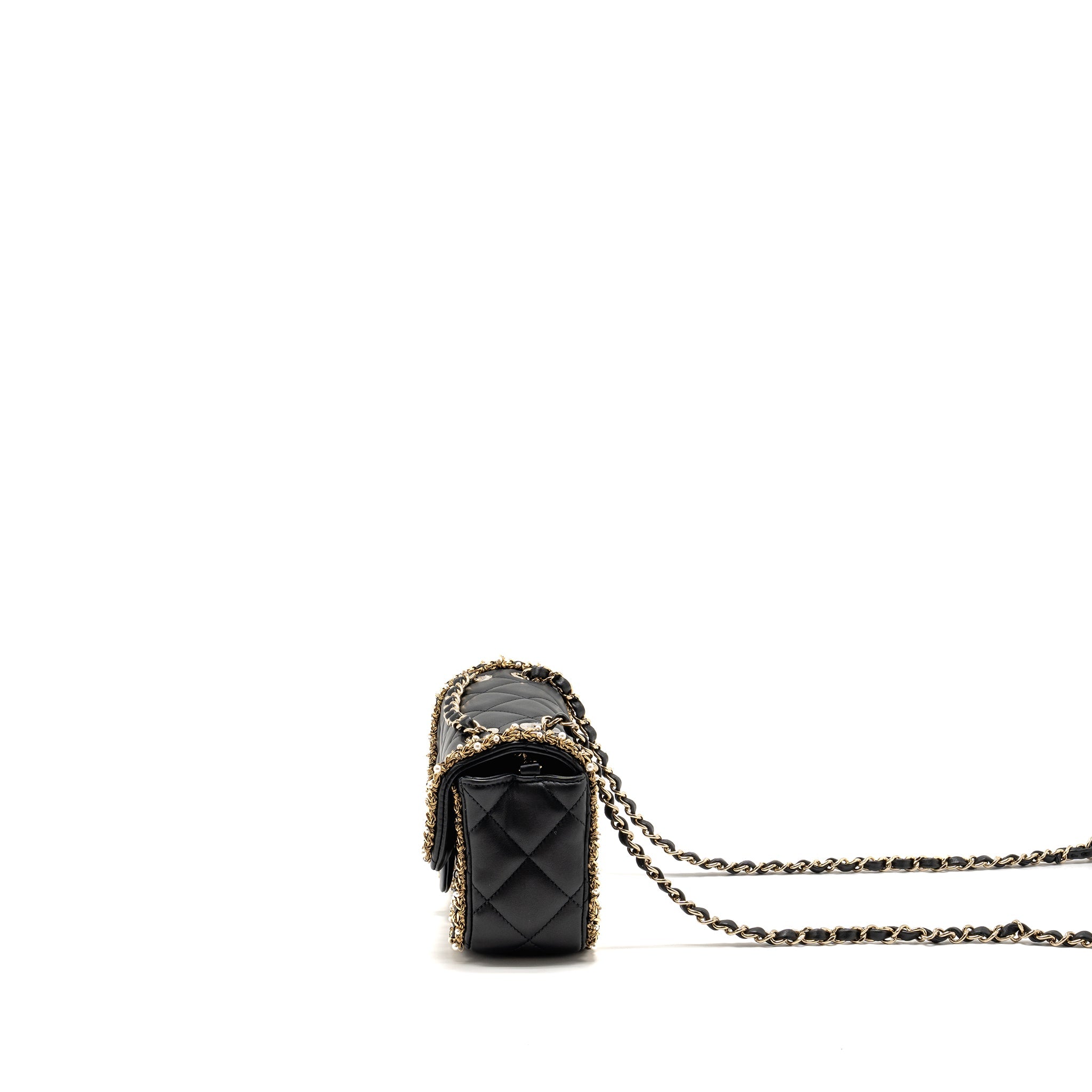 CHANEL PEARL DETAILED EDGE MINI FLAP BAG LAMBSKIN BLACK LGHW (MICROCHIP)