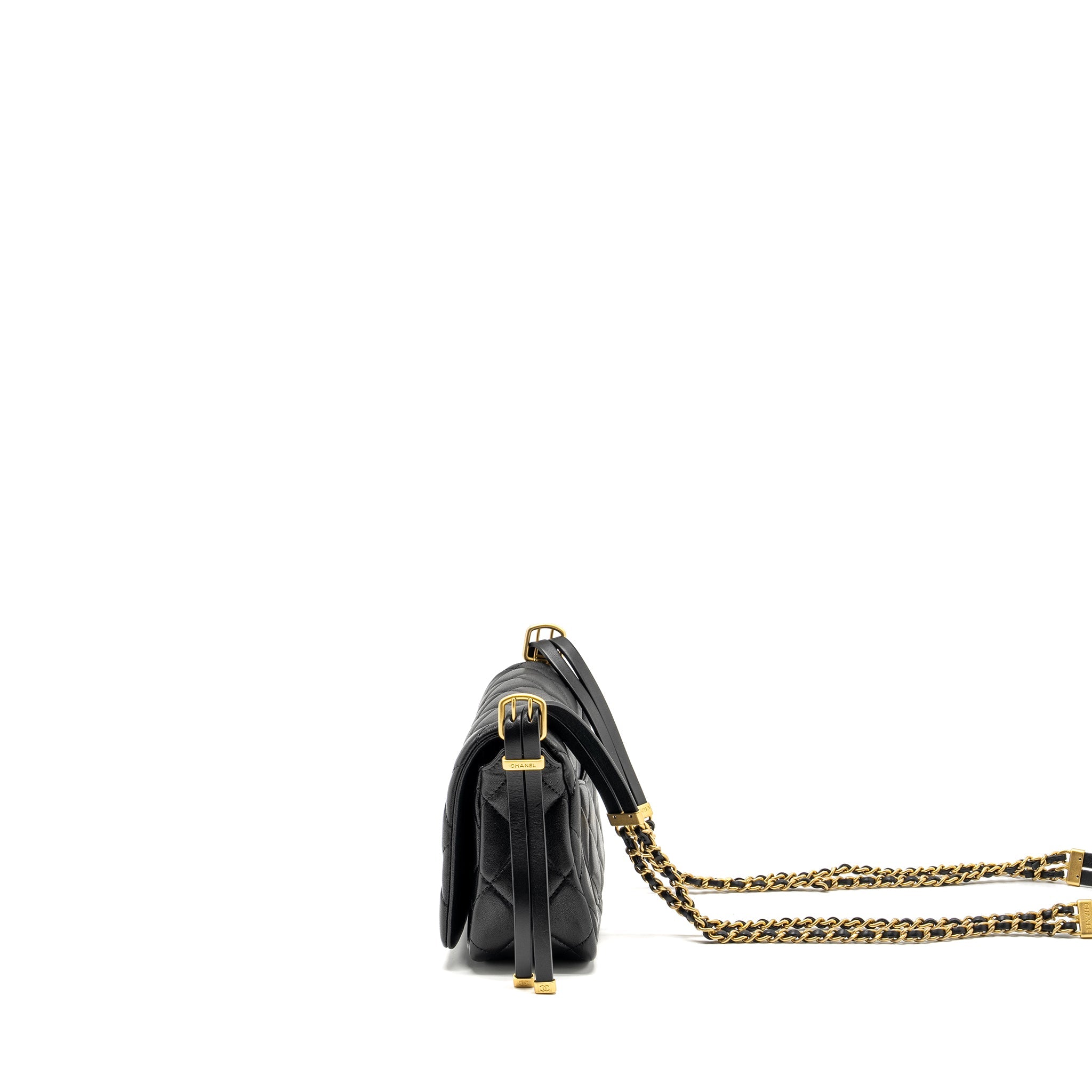 CHANEL 23B DETAIL CHAINS QUILTED FLAP BAG LAMBSKIN BLACK GHW(MICROCHIP)